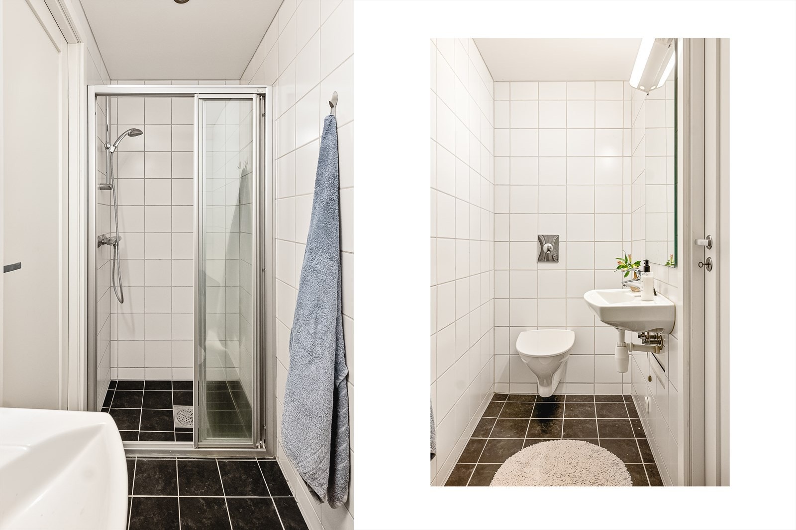 Det andre badet ligger praktisk plassert ved entréen, og er en effektiv løsning for gjester eller som supplement til hovedbadet. Her finner du: Servant med speil og belysning, vegghengt toalett, dusjhjørne med glassvegg/skyvedør og dusjgarnityr. Galleribilde