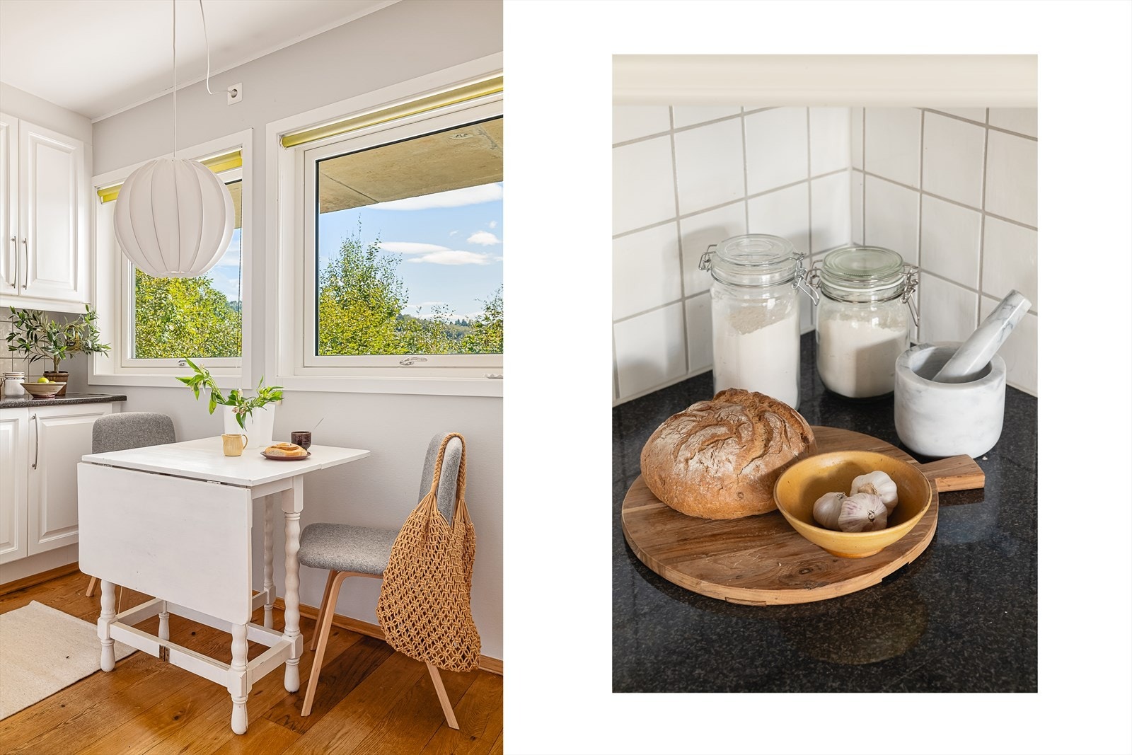 Et velholdt og oversiktlig kjøkken med god arbeidsflate og praktiske løsninger - samt fin plass til lite kjøkkenbord. Galleribilde