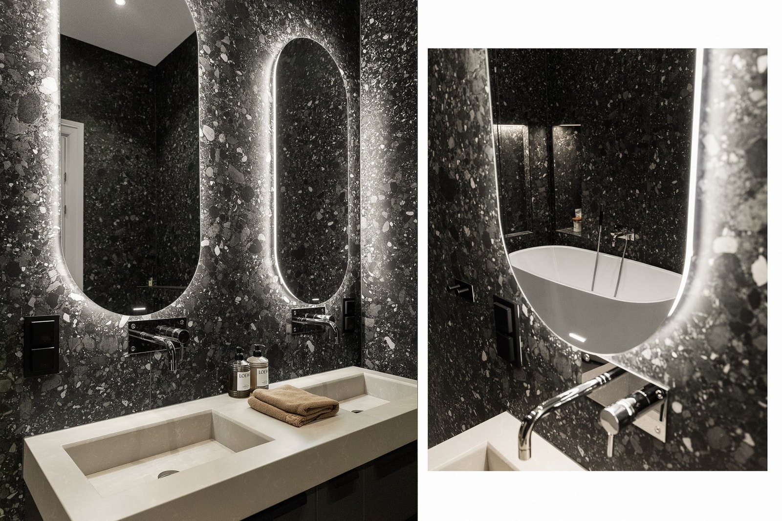 Svært eksklusiv og delikat utførelse med dobbeltvask og innfelt Tapwell armaturer. Galleribilde