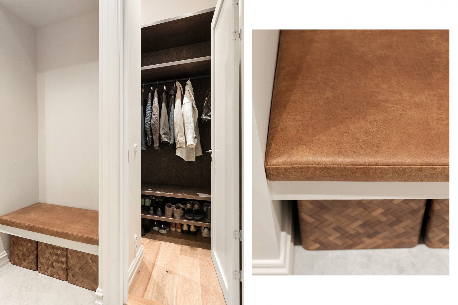 Ifm. gangen finner man også et garderoberom, lukket av med dør for å slippe synlig rot. Estetikk og funksjonalitet hånd i hånd. Galleribilde