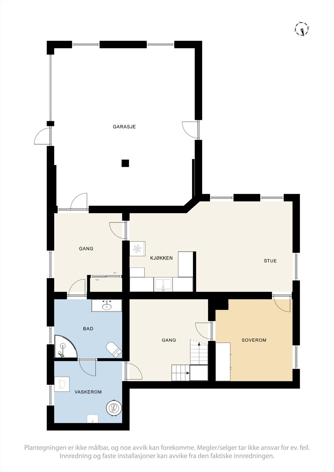 Plantegninger kjeller / underetasje (ikke godkjent). Denne plantegningen viser også utbygget garasje som ikke er byggemeldt. Se punkt "ferdigattest" i salgsoppgaven. Galleribilde