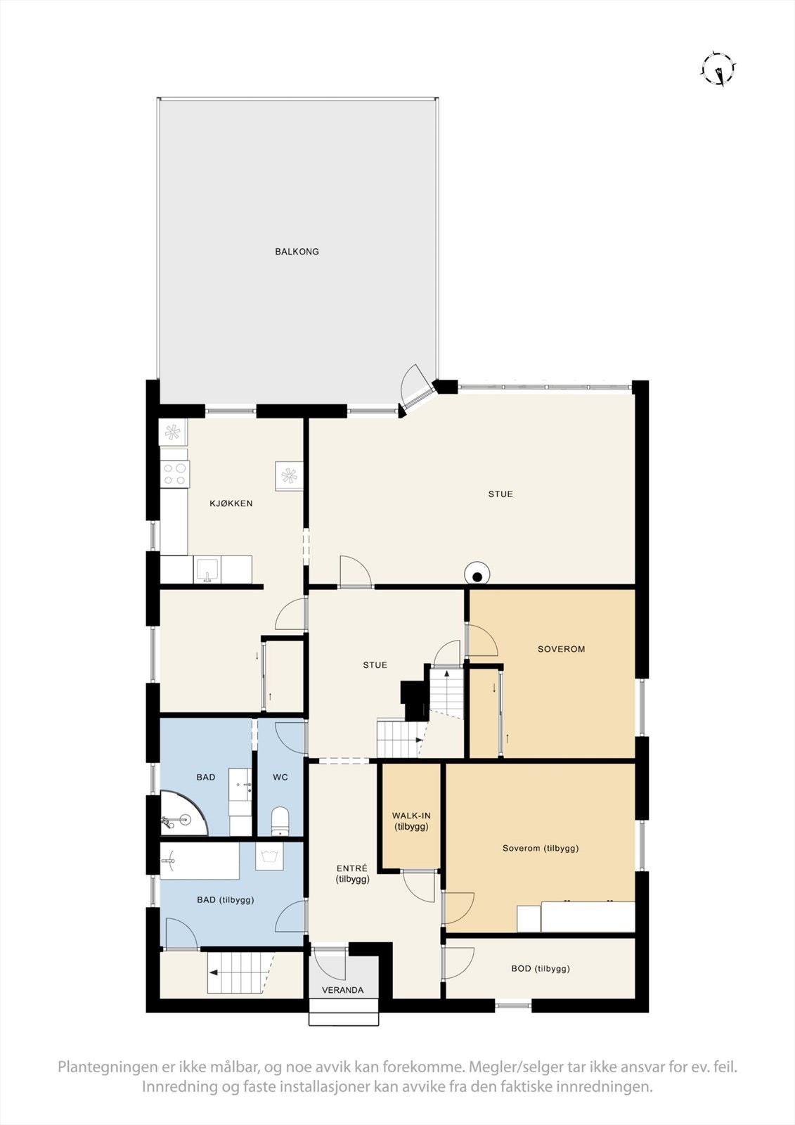 Plantegninger hovedetasje. Denne plantegningen viser deler av utbygget, som ikke er byggemeldt. Se punkt "ferdigattest" i salgsoppgaven. Galleribilde