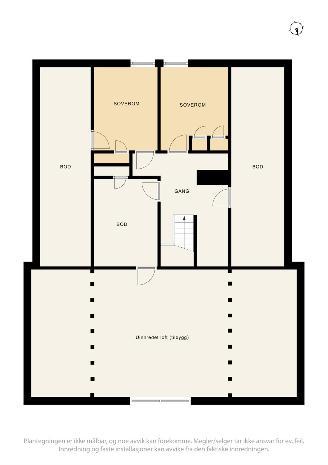 Plantegninger loftsetasje. Denne plantegningen viser deler av utbygget, som ikke er byggemeldt. Se punkt "ferdigattest" i salgsoppgaven. Galleribilde