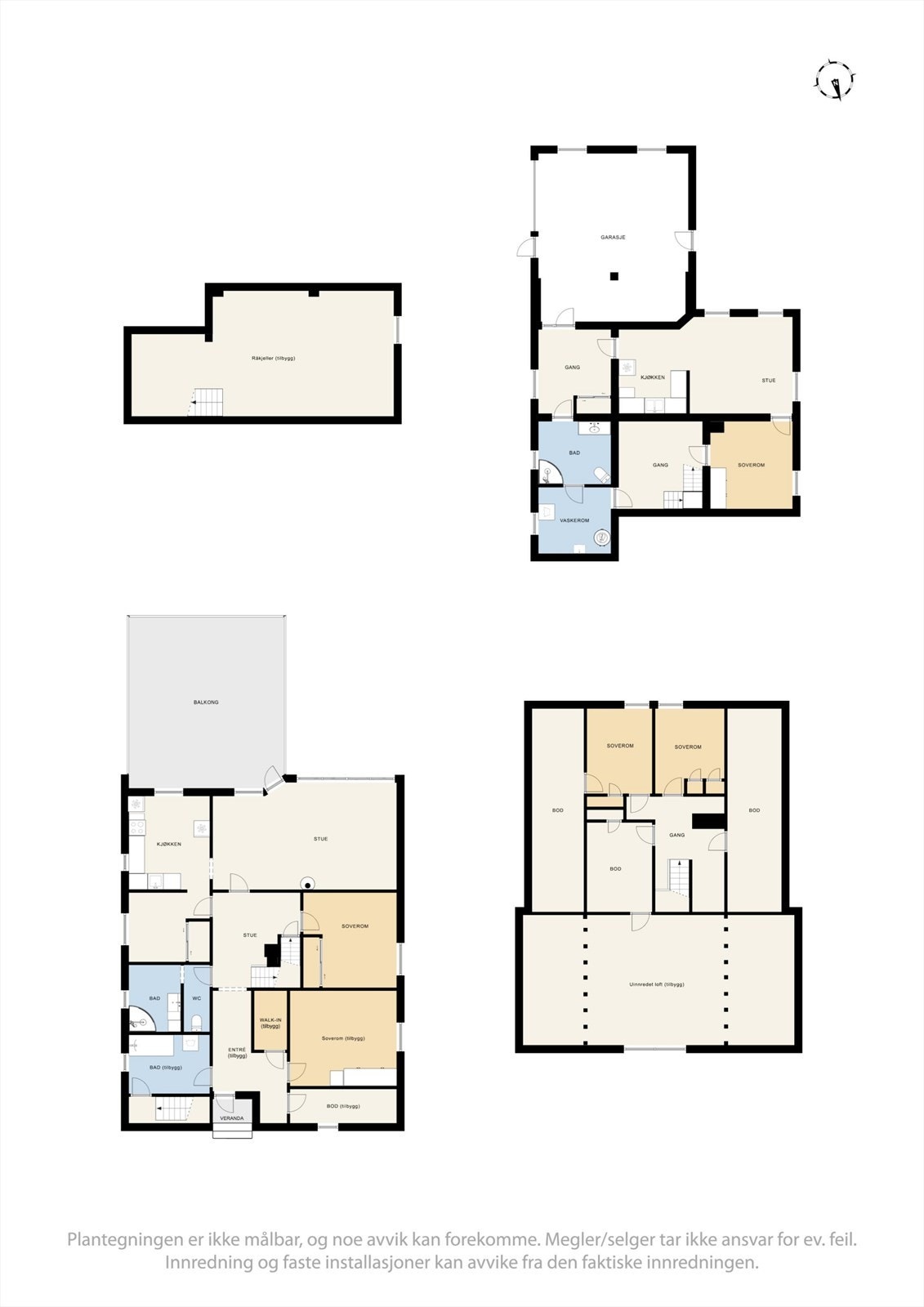 Plantegningene viser deler av utbygget og garasje/balkong, som ikke er byggemeldt. Se punkt "ferdigattest" i salgsoppgaven. Galleribilde
