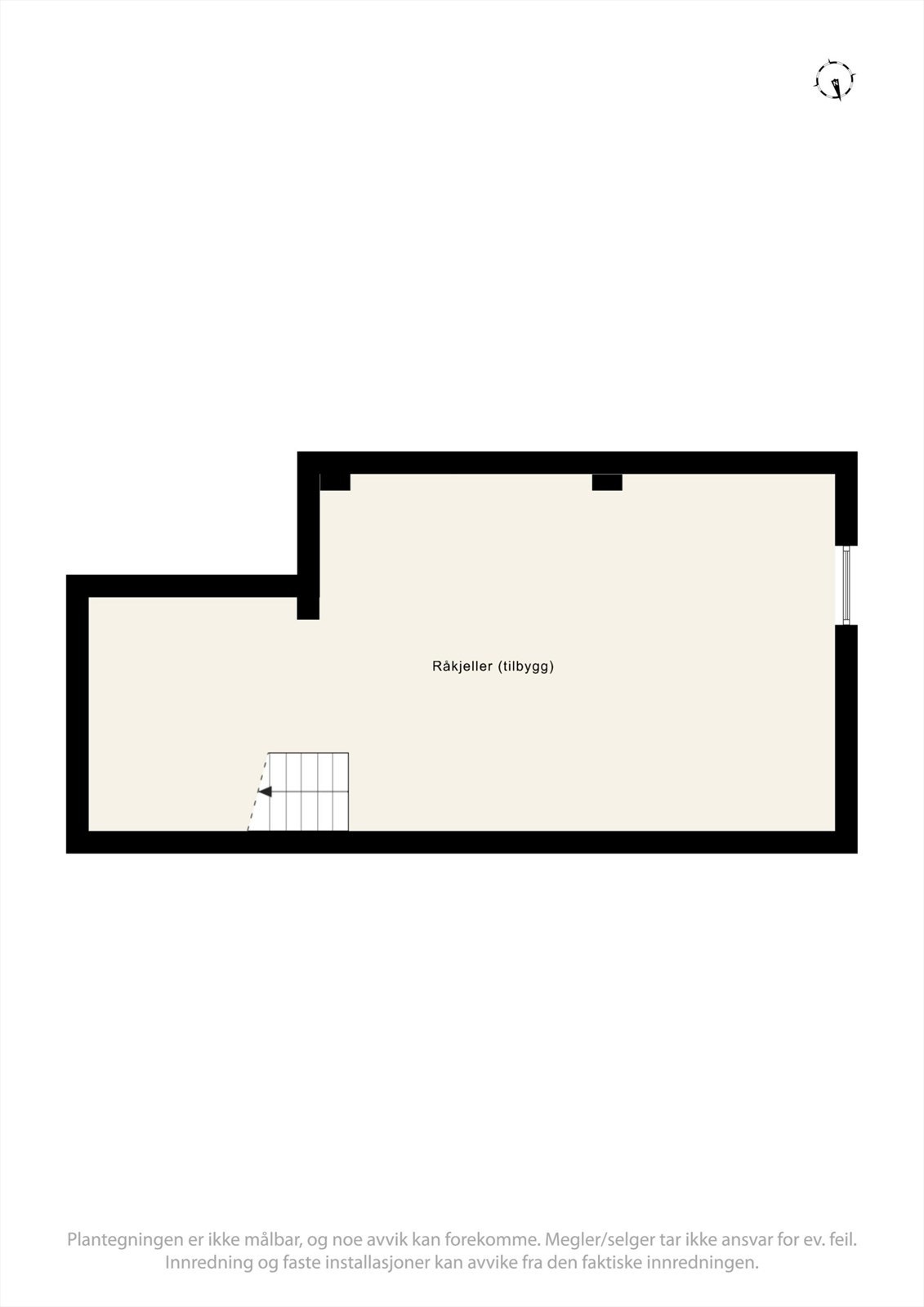 Plantegning råkjeller, under påbygget. Trapp ned gjennom bad/vaskerom. Denne plantegningen viser deler av utbygget, som ikke er byggemeldt. Se punkt "ferdigattest" i salgsoppgaven. Galleribilde
