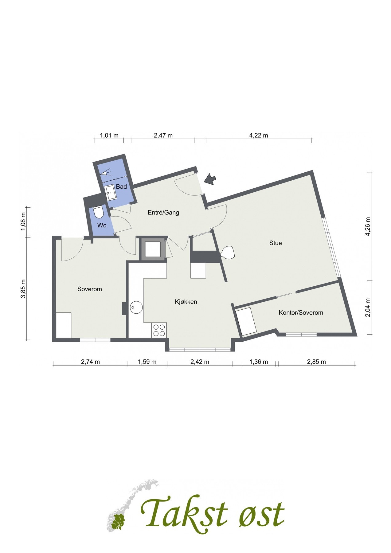 Plantegning. I tillegg disponerer leiligheten en kjellerbod og en loftsbod. Galleribilde
