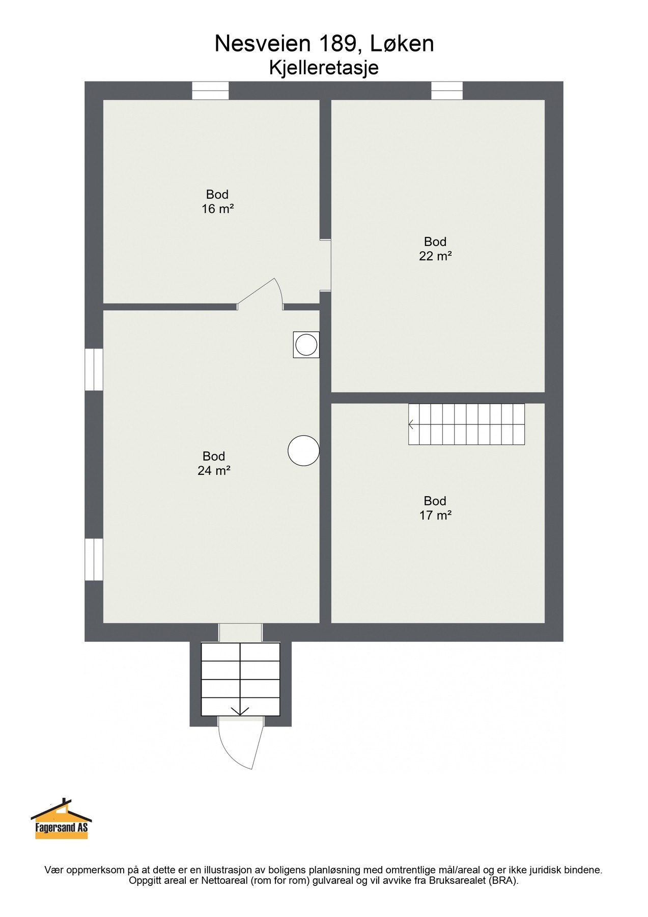 Kjellerrom under kjøkken har støpt dekke med gulvbelegg, vegger av mur og stubbloft himling. Kjeller med utvendig tilgang har støpt dekke mot grunn med sluk, vegger av mur forblendet med teglstein innvendig og himling av
trebord. Galleribilde