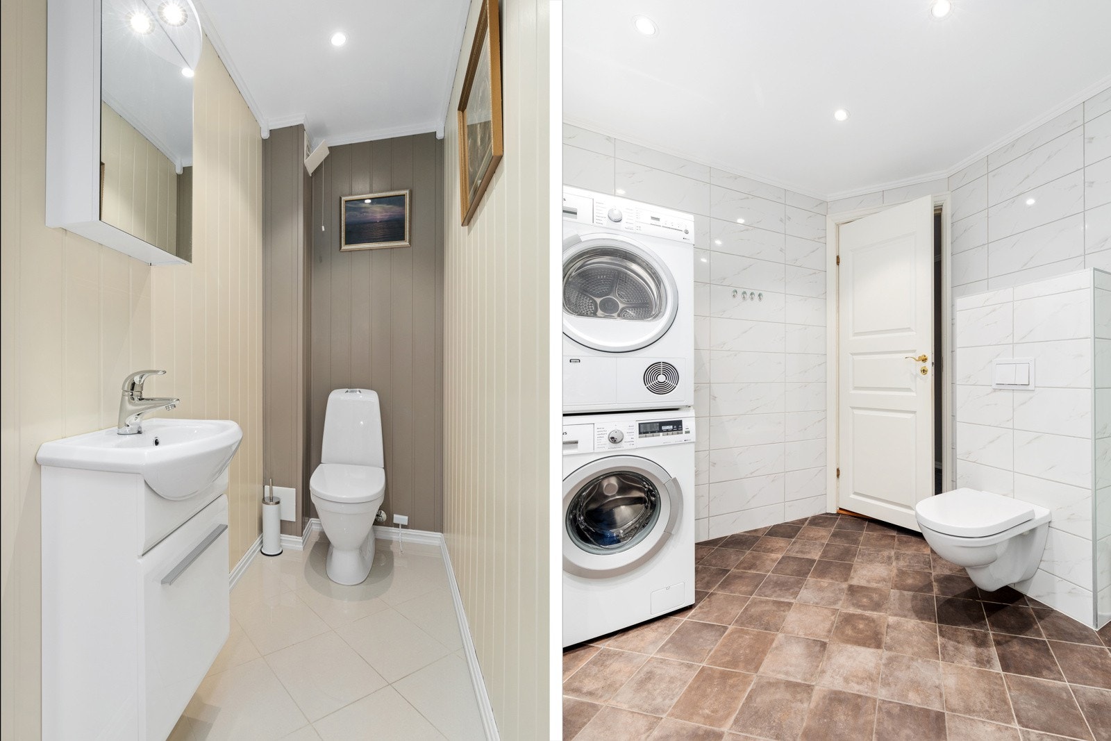 På badet er det også opplegg til vaskemaskin og vegghengt toalett. Toalettrommet har gulvstående toalett, med vegghengt servantinnredning. Galleribilde