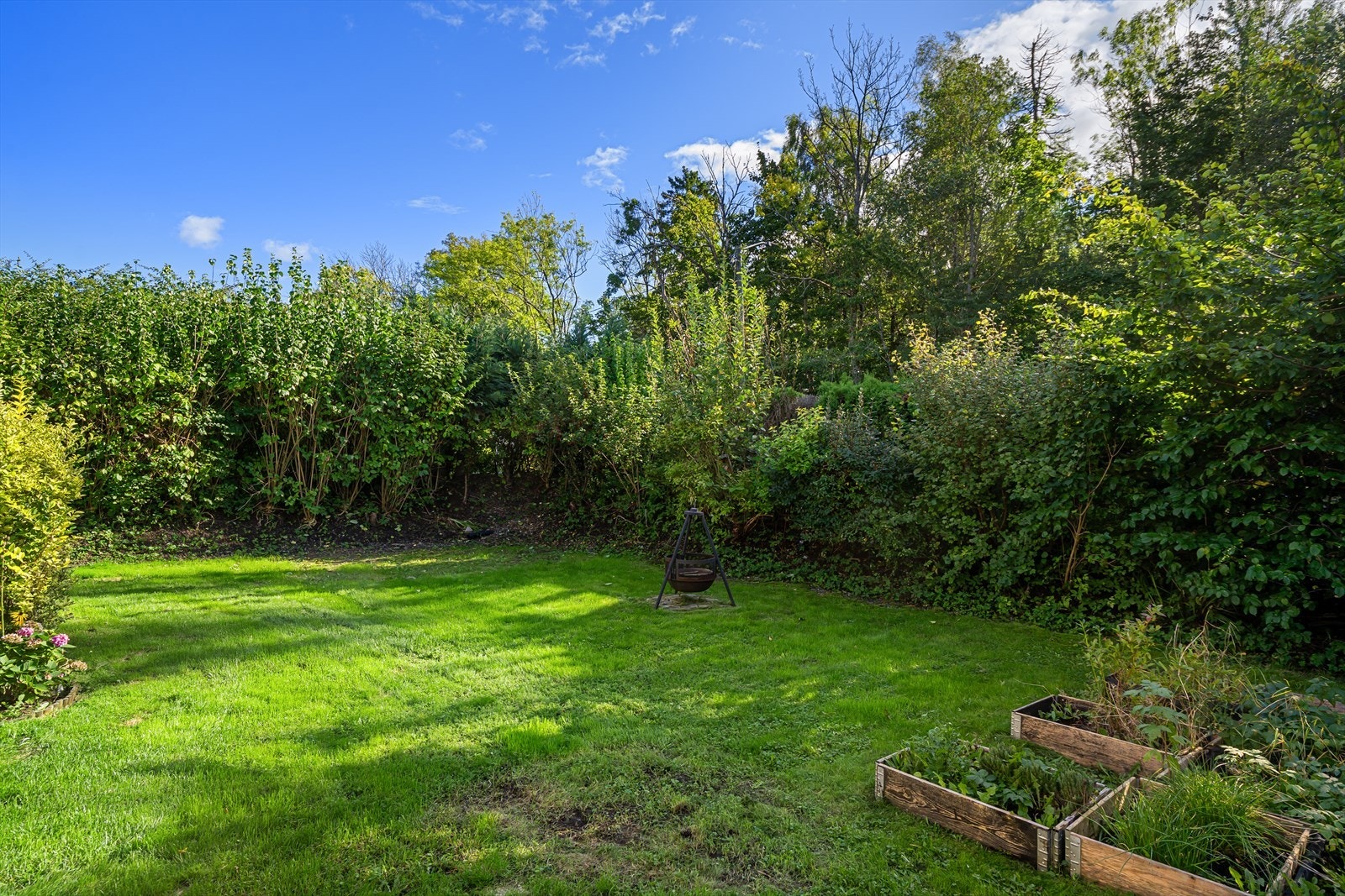 Frodig hage med gressplen, busker og trær - perfekt for lek, avslapning og solrike dager, helt uten sjenerende innsyn. Galleribilde