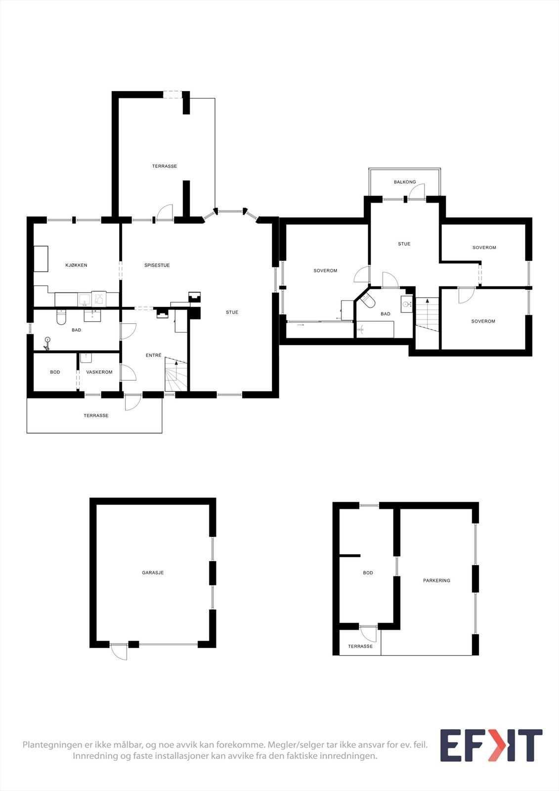 Plantegningen viser den totale romfordelingen over to etasjer, samt garasje og carport. Galleribilde