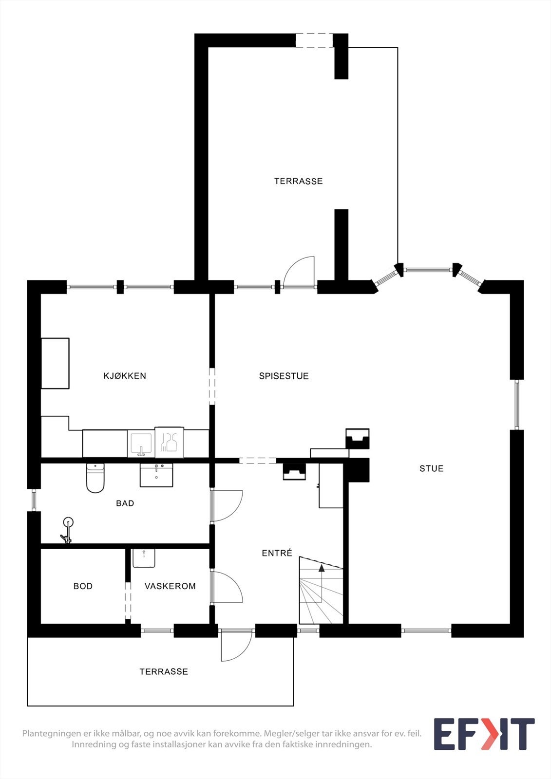 Plantegningen for første etasje viser en funksjonell planløsning med stue, kjøkken, bad og vaskerom. Galleribilde