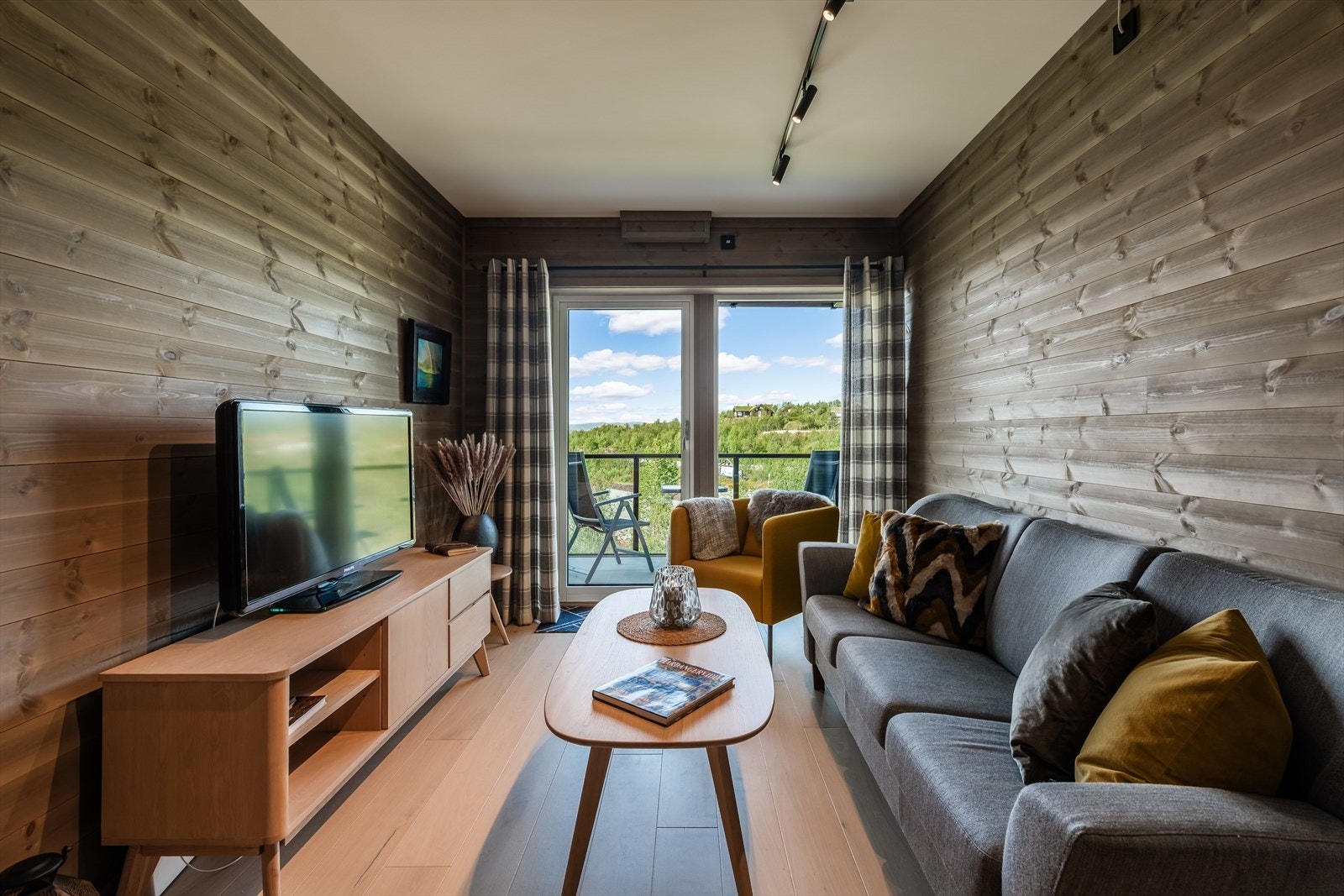 Store vindusflater, og dør ut til terrasse. Galleribilde