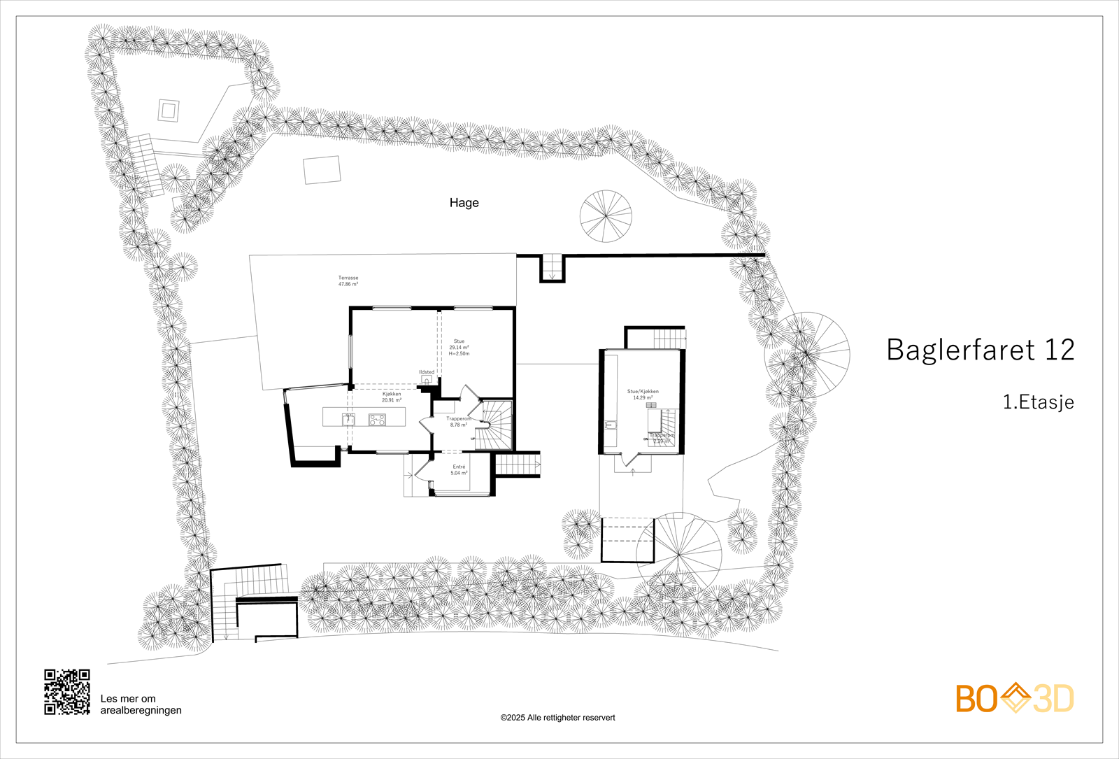 Plantegning 1. etasje, hage, terrasse og anneks. Galleribilde
