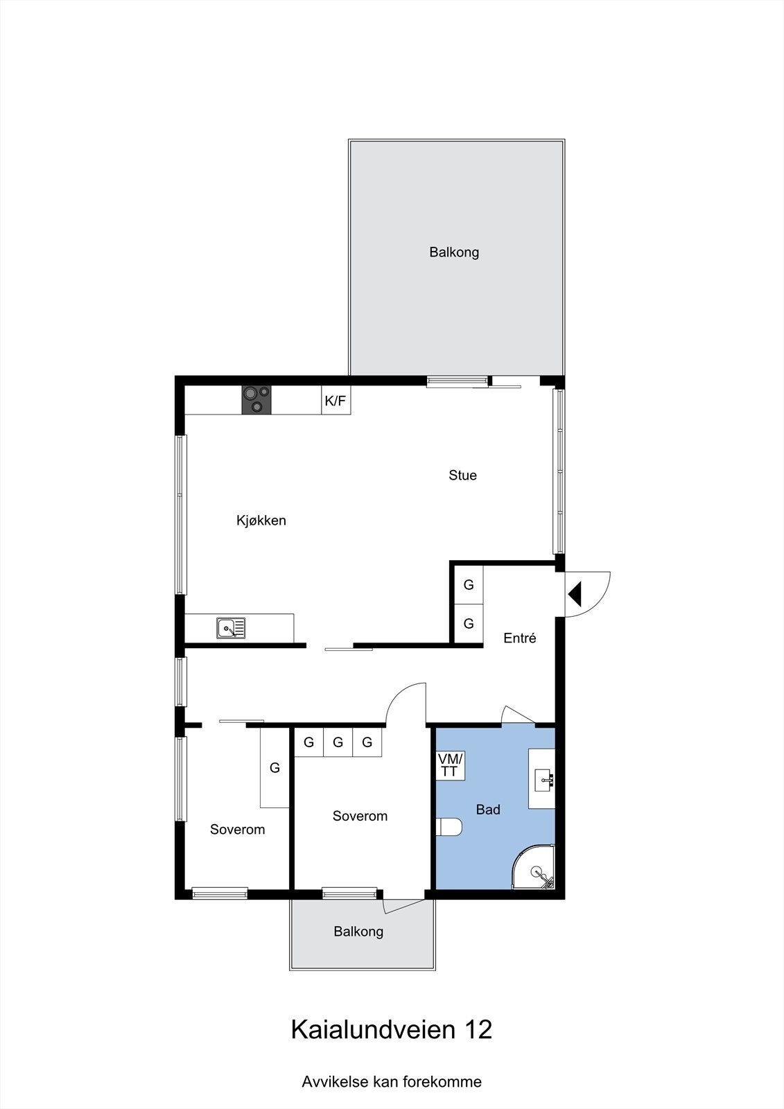 Før vi tar turen inn gjør vi oss kjent med plantegningen. Leiligheten er svært innholdsrik med romslig entré, to soverom, bad, samt stue og kjøkken i åpen løsning. Galleribilde