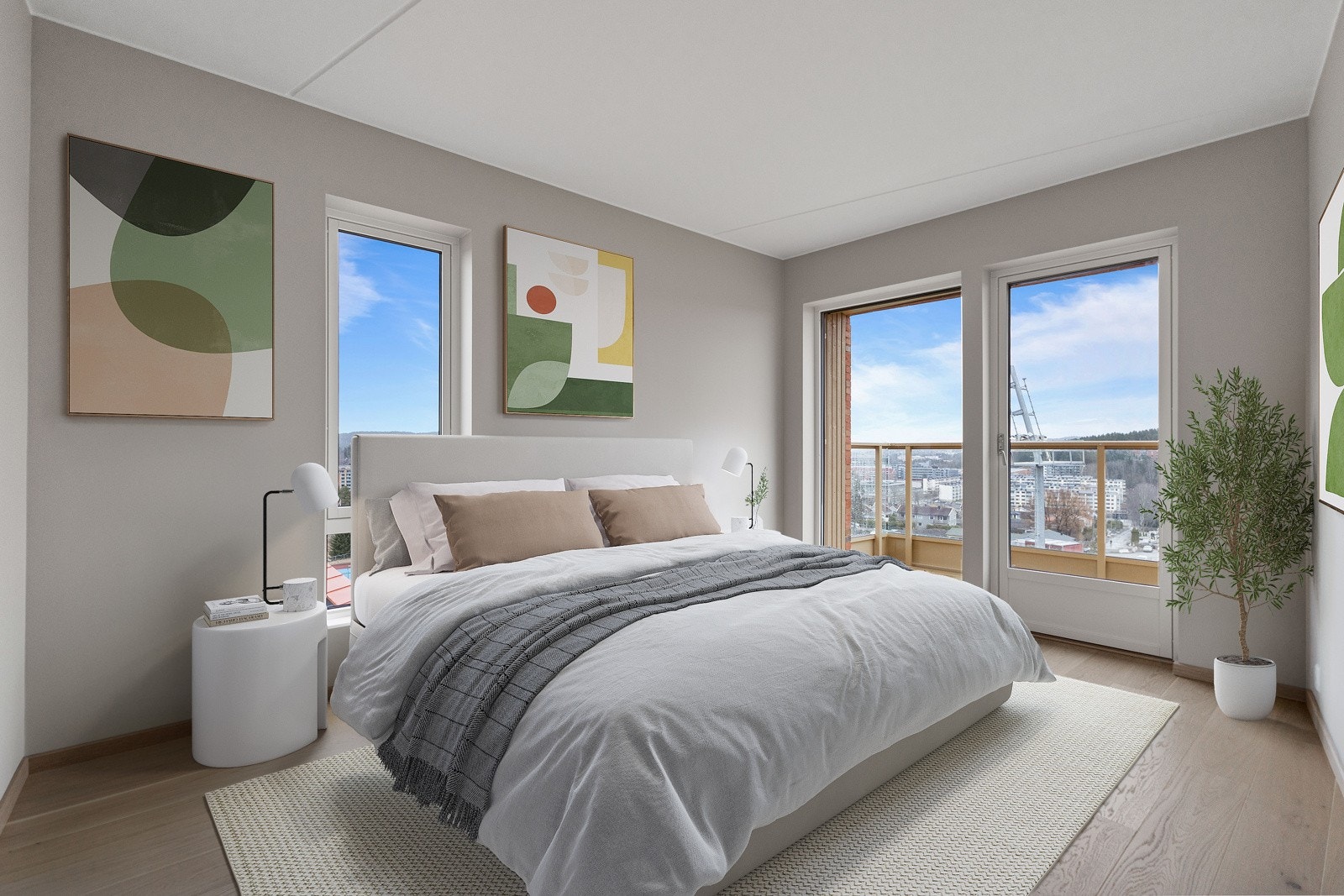 Lyst og innbydende hovedsoverom med utgang til egen balkong. Bildet er digitalt stylet - avvik vil forekomme. Galleribilde