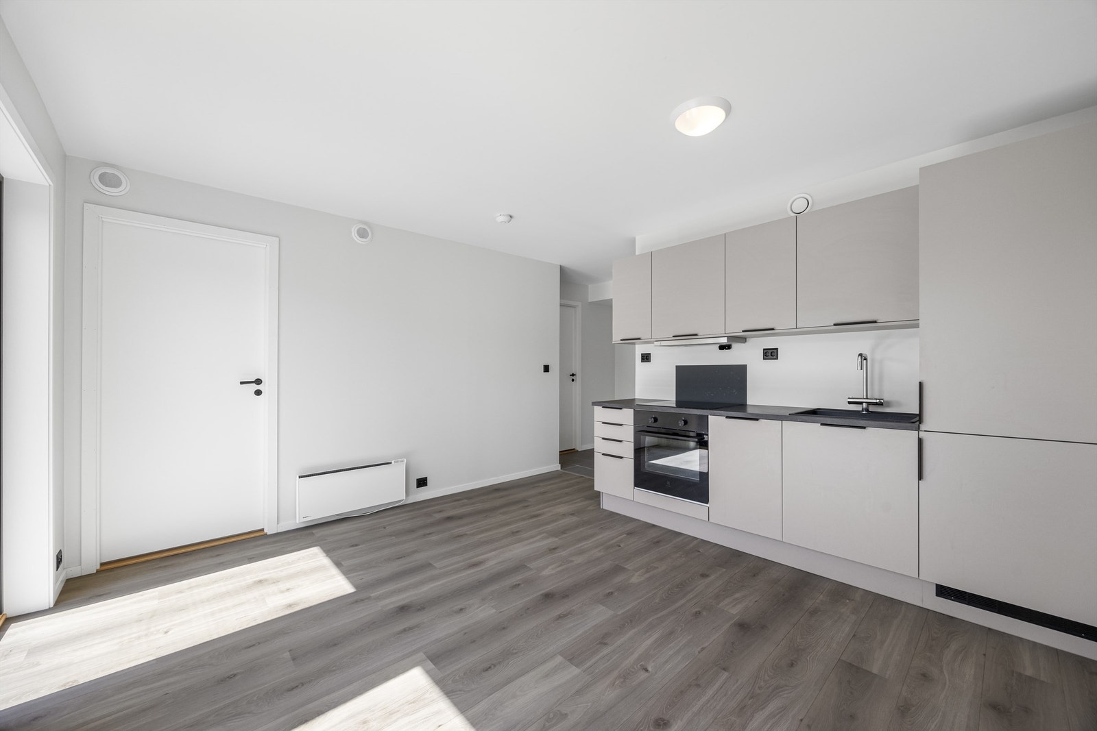 Kjøkkenet har smarte og arealeffektive løsninger med kjøl/fryseskap, oppvaskmaskin, induksjonstopp og stekeovn Galleribilde