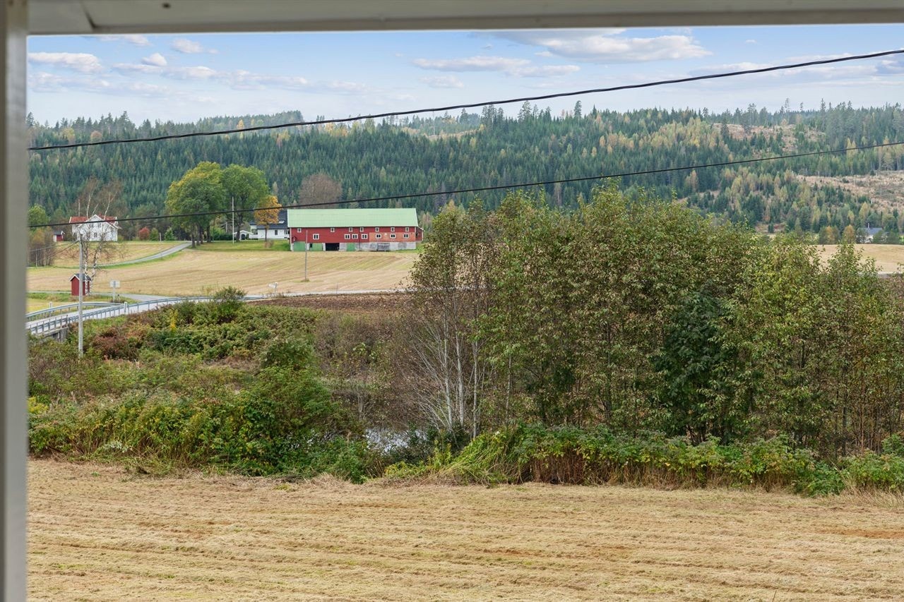 Fra eiendommen er det utsikt over de omkringliggende jordene og skogsområdene. Galleribilde