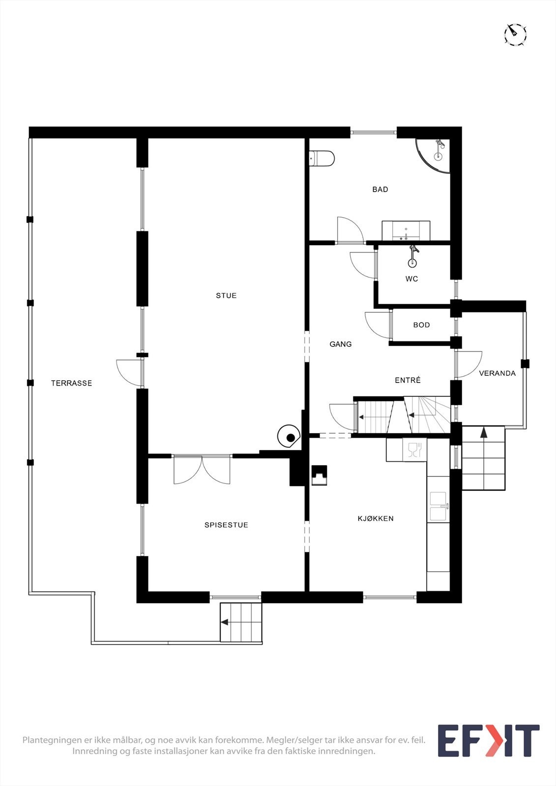 Første etasje har en funksjonell planløsning med stue, spisestue, kjøkken, bad og vaskerom. Galleribilde