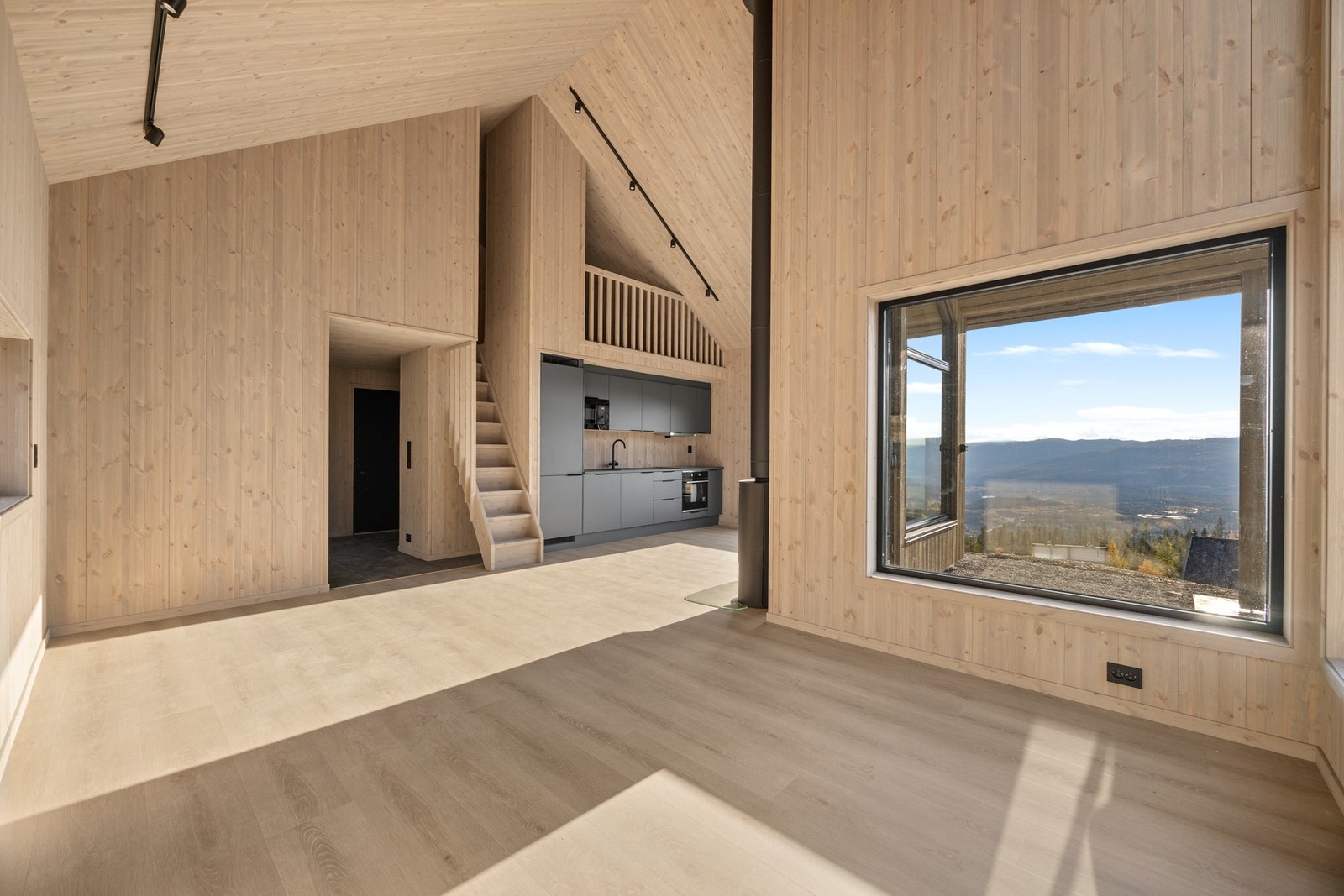 Stue og kjøkken oppleves som generøst med den gode himlingshøyden og de store vindusflatene Galleribilde