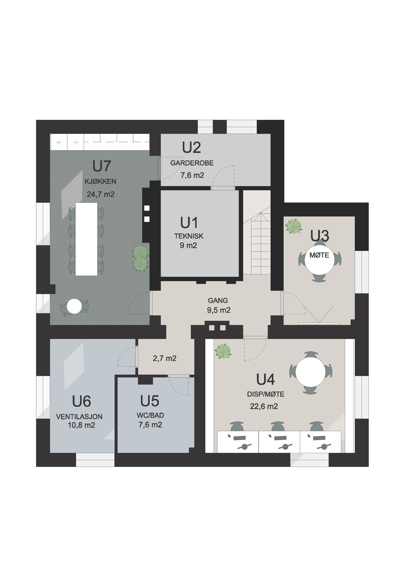 Underetasje med kjøkken/spiserom, møterom, personalfasiliteter og tekniske rom Galleribilde