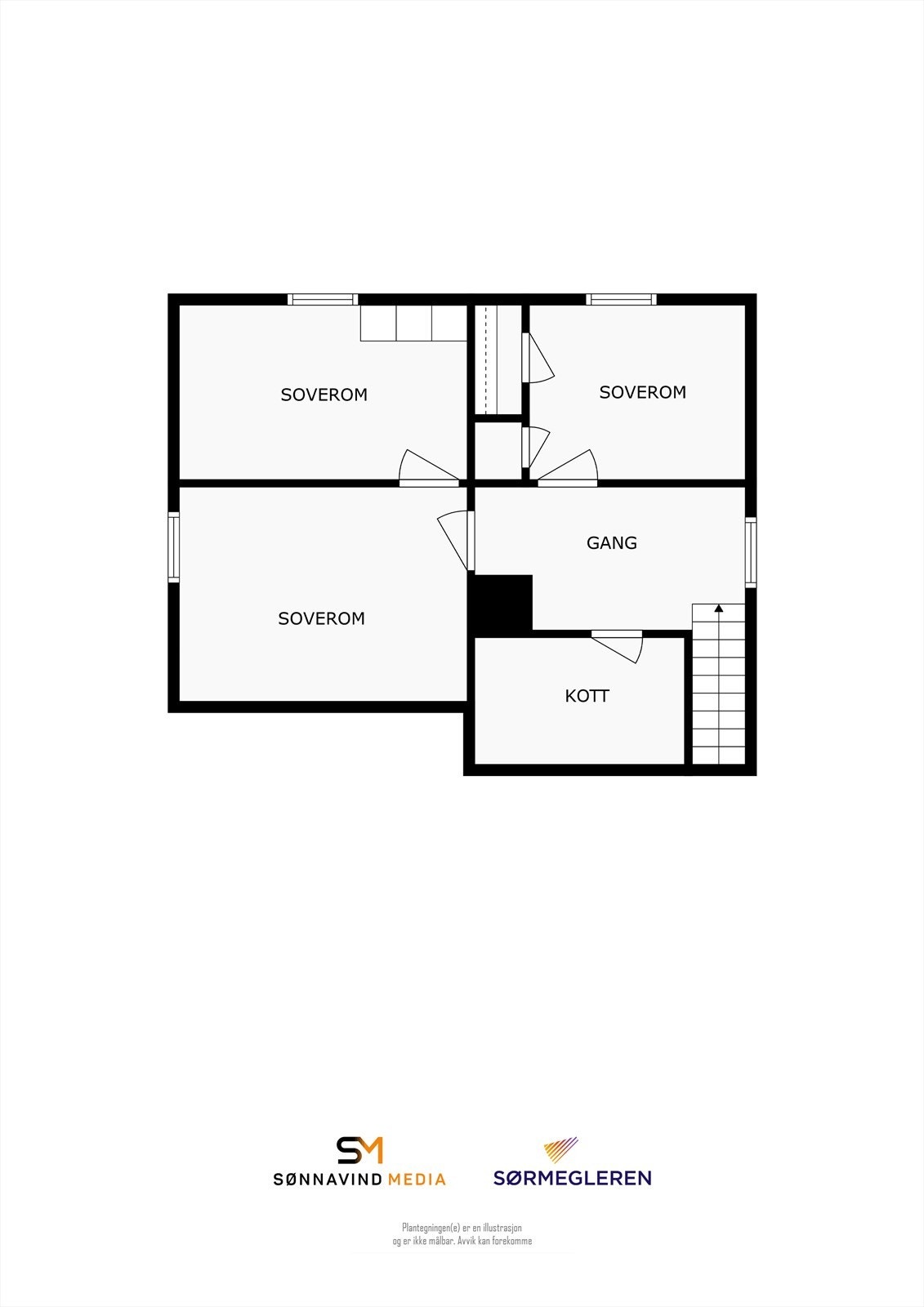 Plantegning loftsetasje - det er 2 rom som benyttes som soverom, det siste rommet fotograf definerer som soverom er brukt som kontor Galleribilde
