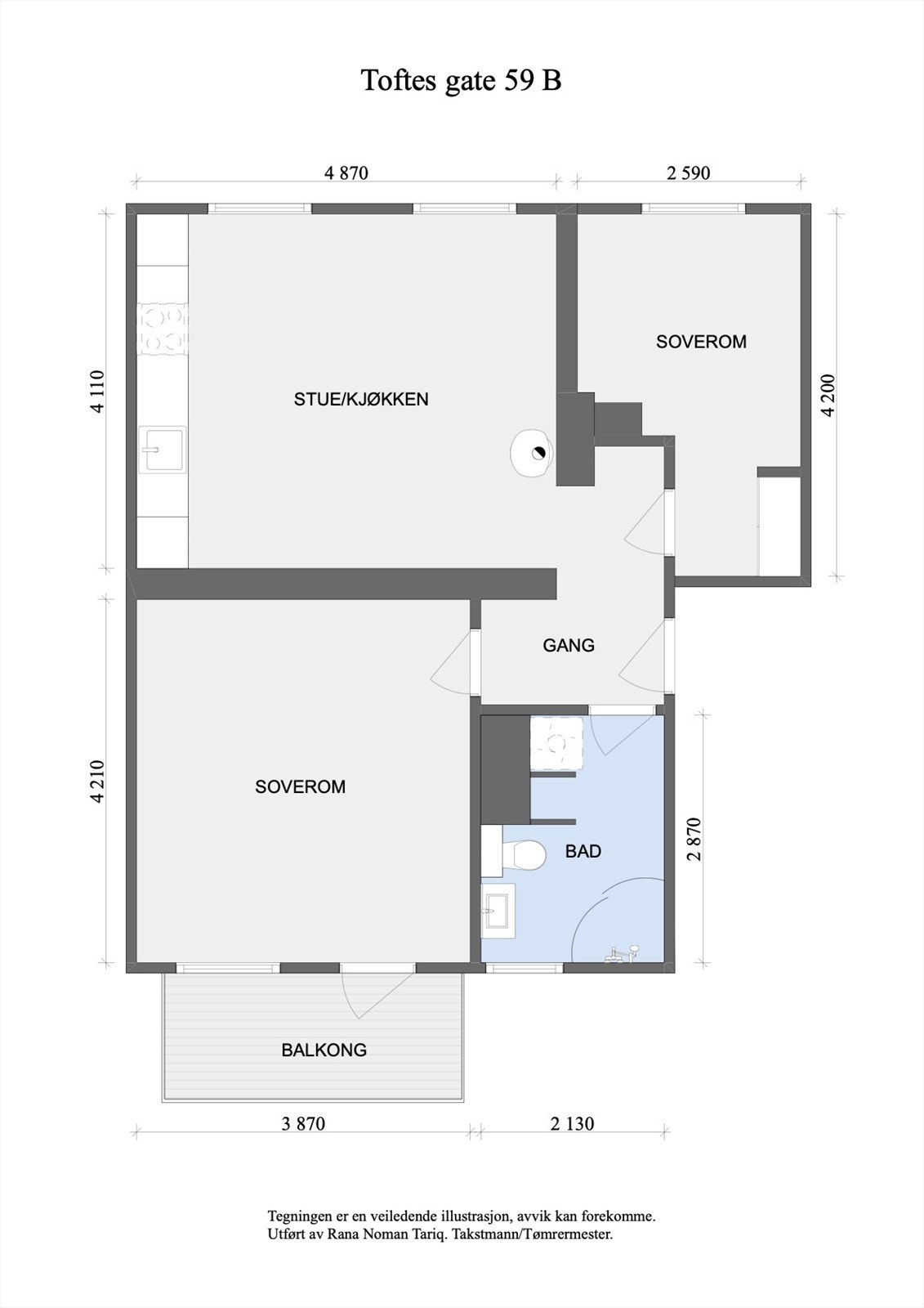 Leiligheten ligger i 3. etasje og inneholder gang, stue/kjøkken, 2 soverom, bad og balkong. I tillegg disponerer leiligheten en loftsbod på ca. 3 m², en bod i trappegang på ca. 2 m² og en kjellerbod på ca. 7 m². Galleribilde