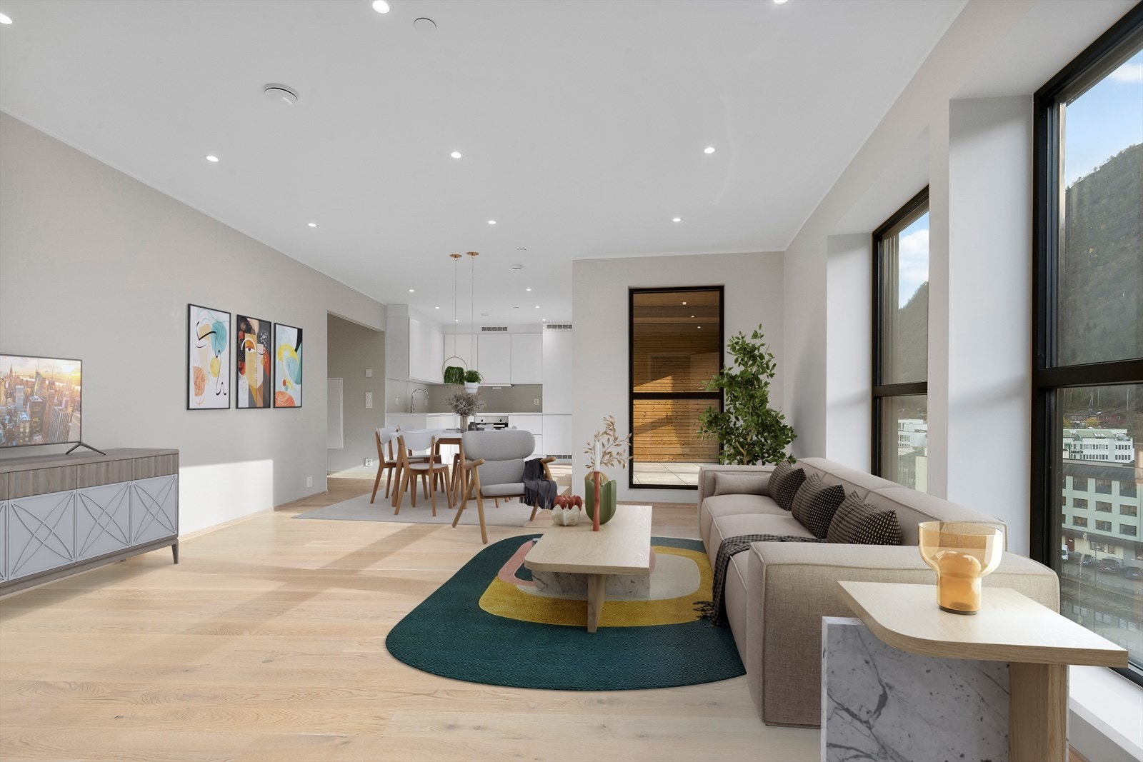 Romslig stue/kjøkken i åpen løsning Galleribilde