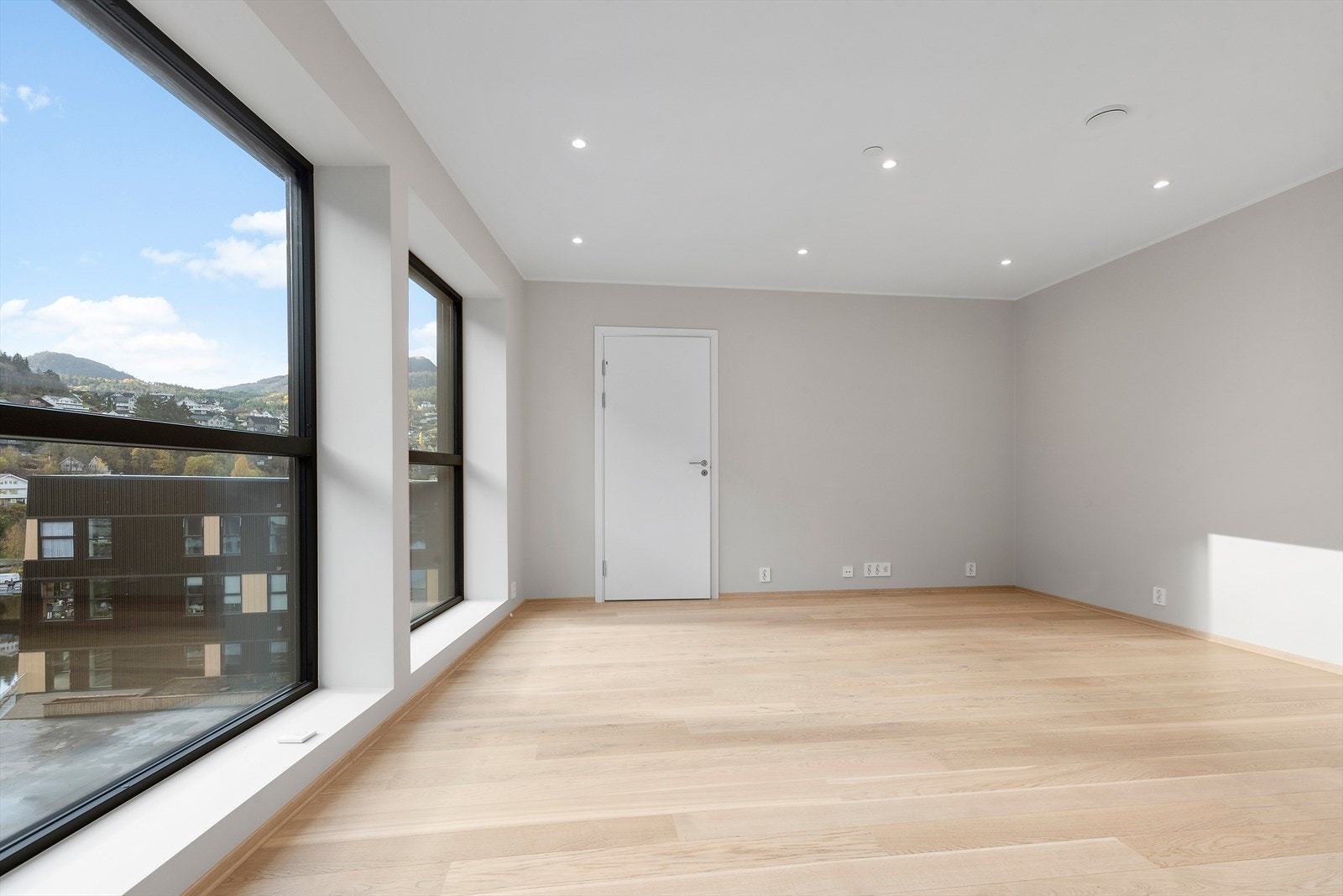 Romslig stue med store vindusflater Galleribilde