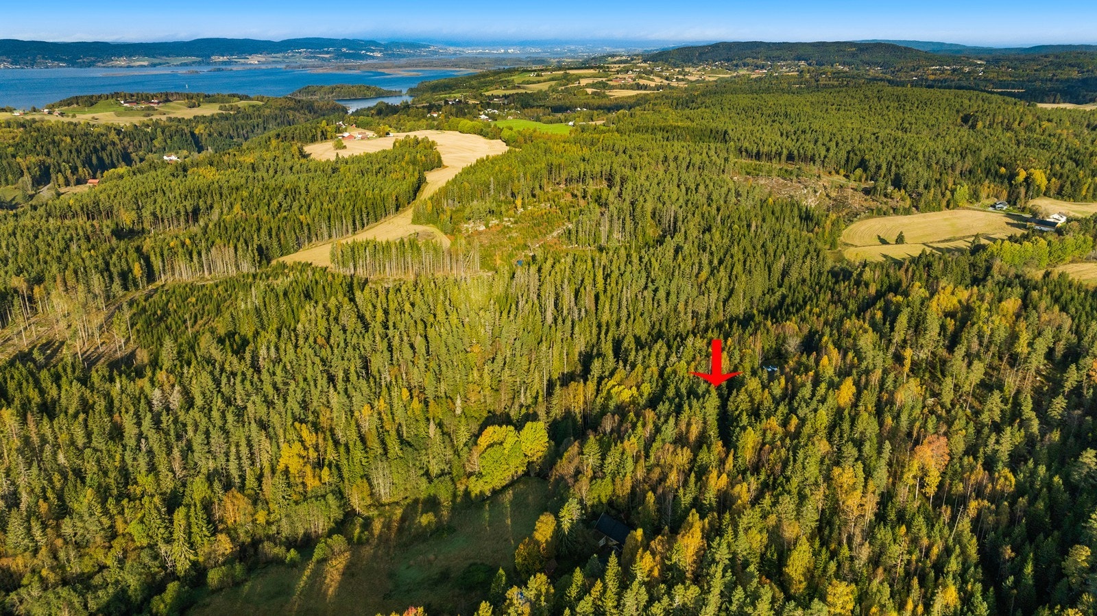 Tomten sett fra luften, omgitt av skog og åpent landskap. Galleribilde