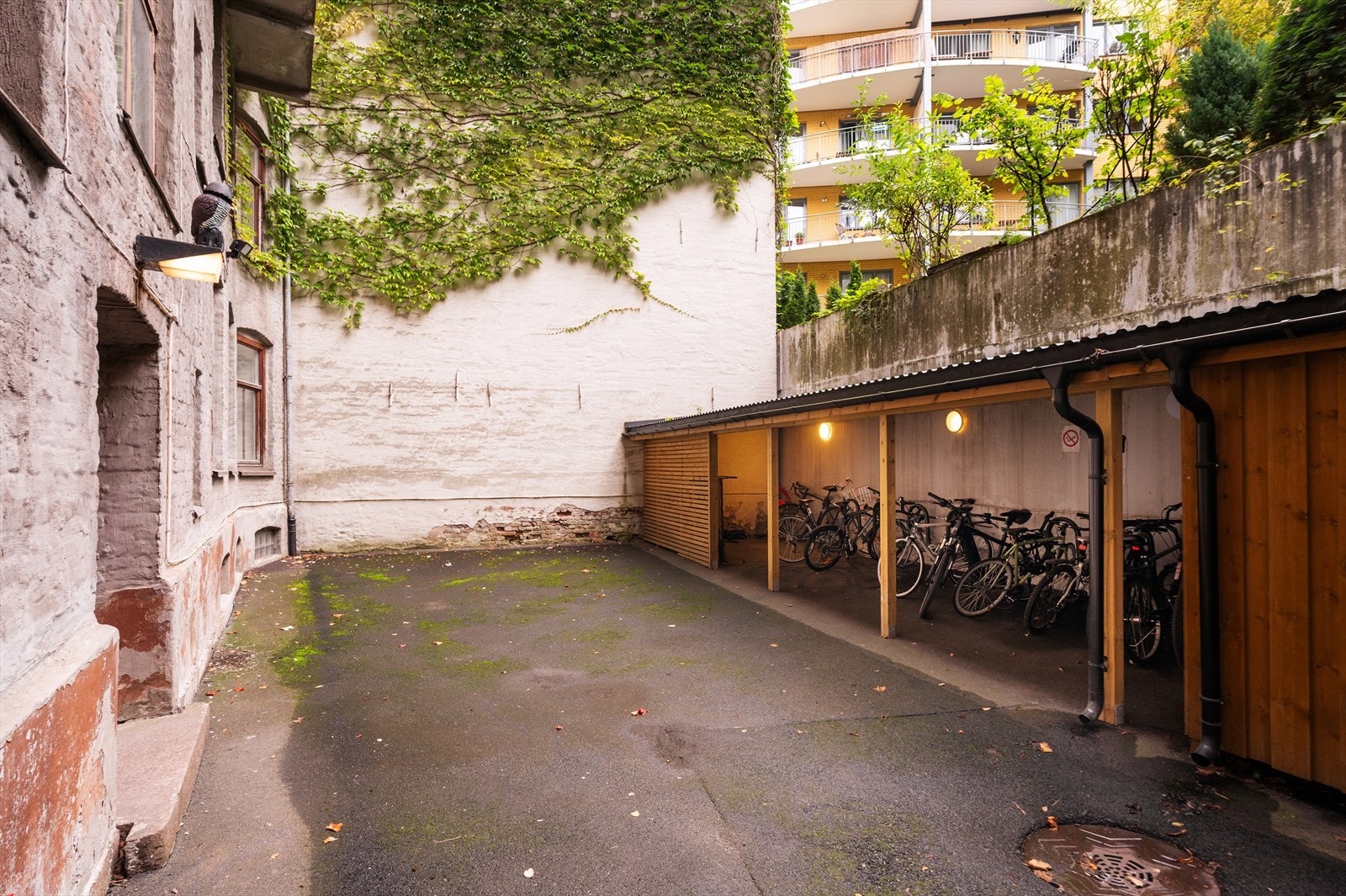 Hyggelig bakgård med blant annet sykkelparkering. Galleribilde