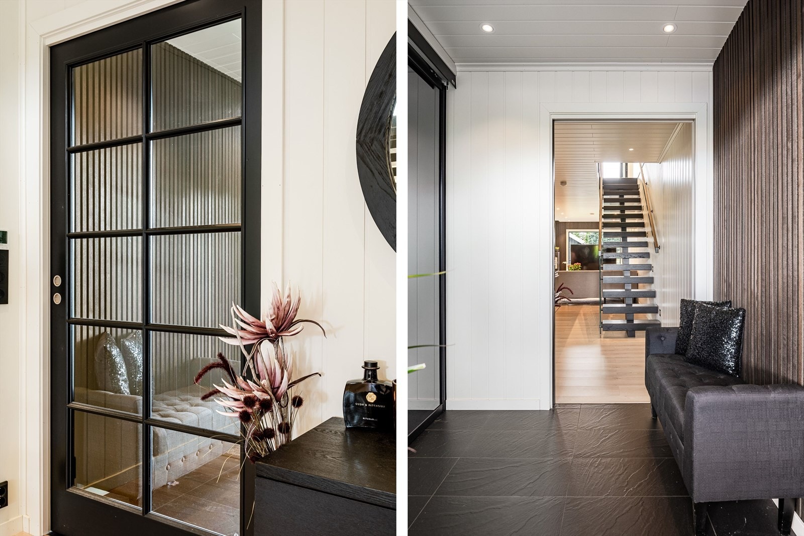 Entréen har mørke fliser på gulv med vannbåren gulvvarme, lyse panelplater på veggene med en flott kontrastvegg dekorert med trespiler og en flott skyvedør med glassfelt. Det er også skjult elektrisk anlegg og downlights i himlingen. Galleribilde