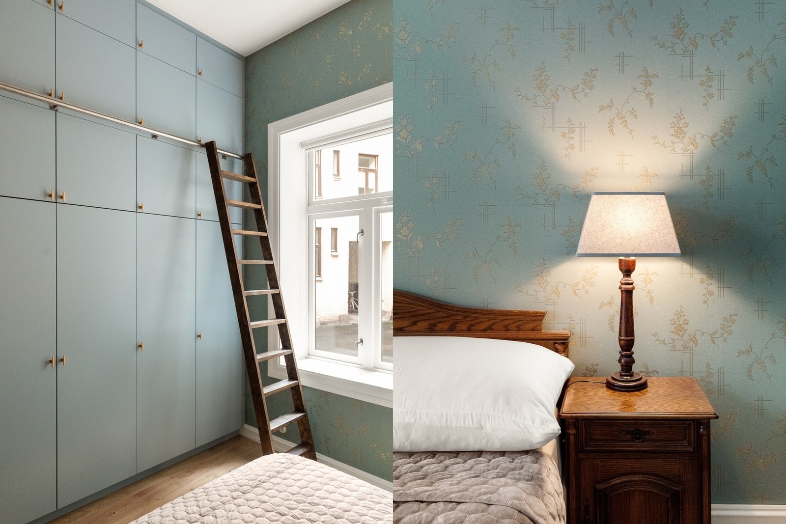 Takhøy skapinnredning med en praktisk, skyvbar garderobestige optimaliserer rommet. Galleribilde