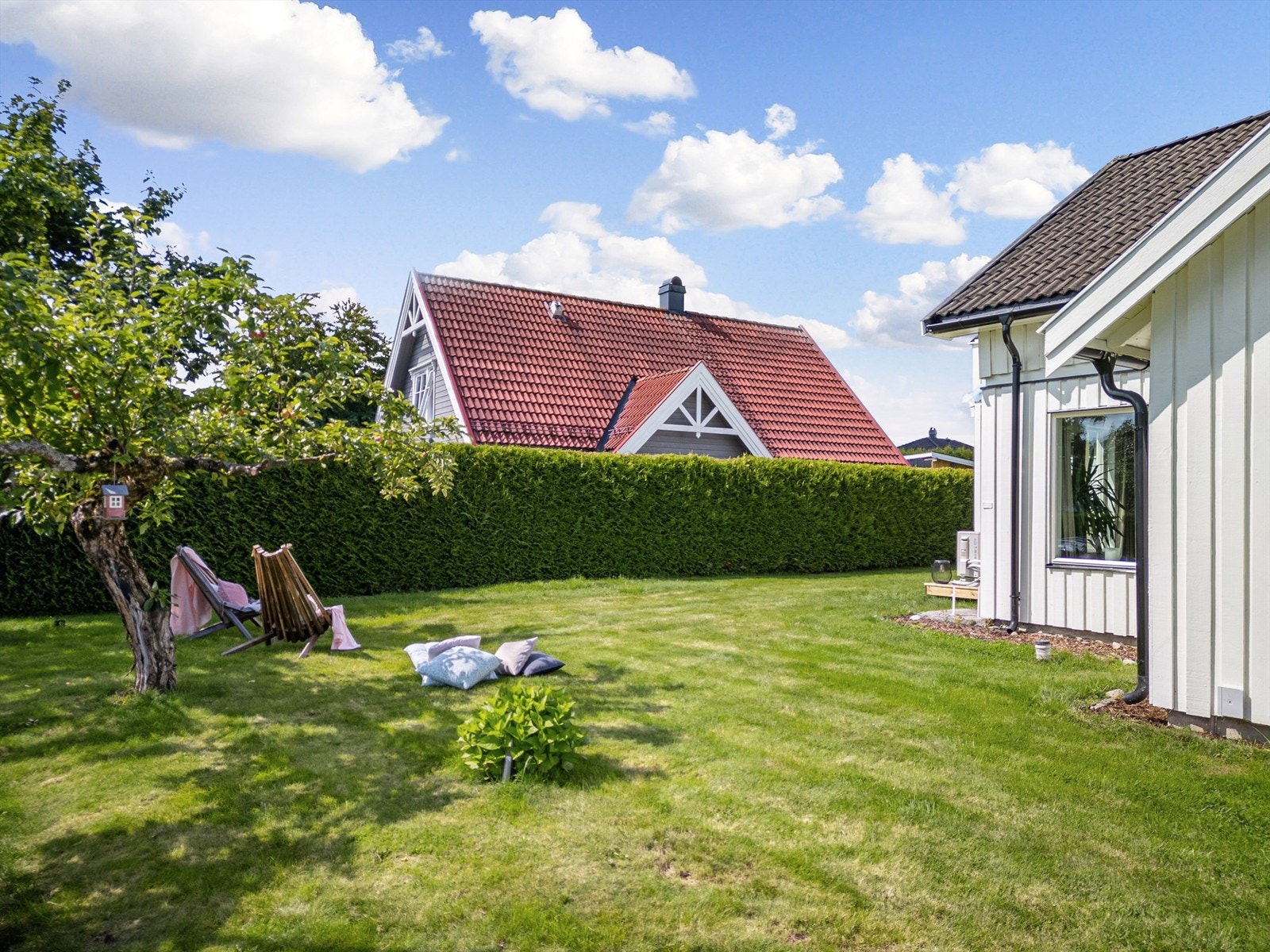 Lettstelt og flatt hageområde med bl.a. epletre Galleribilde