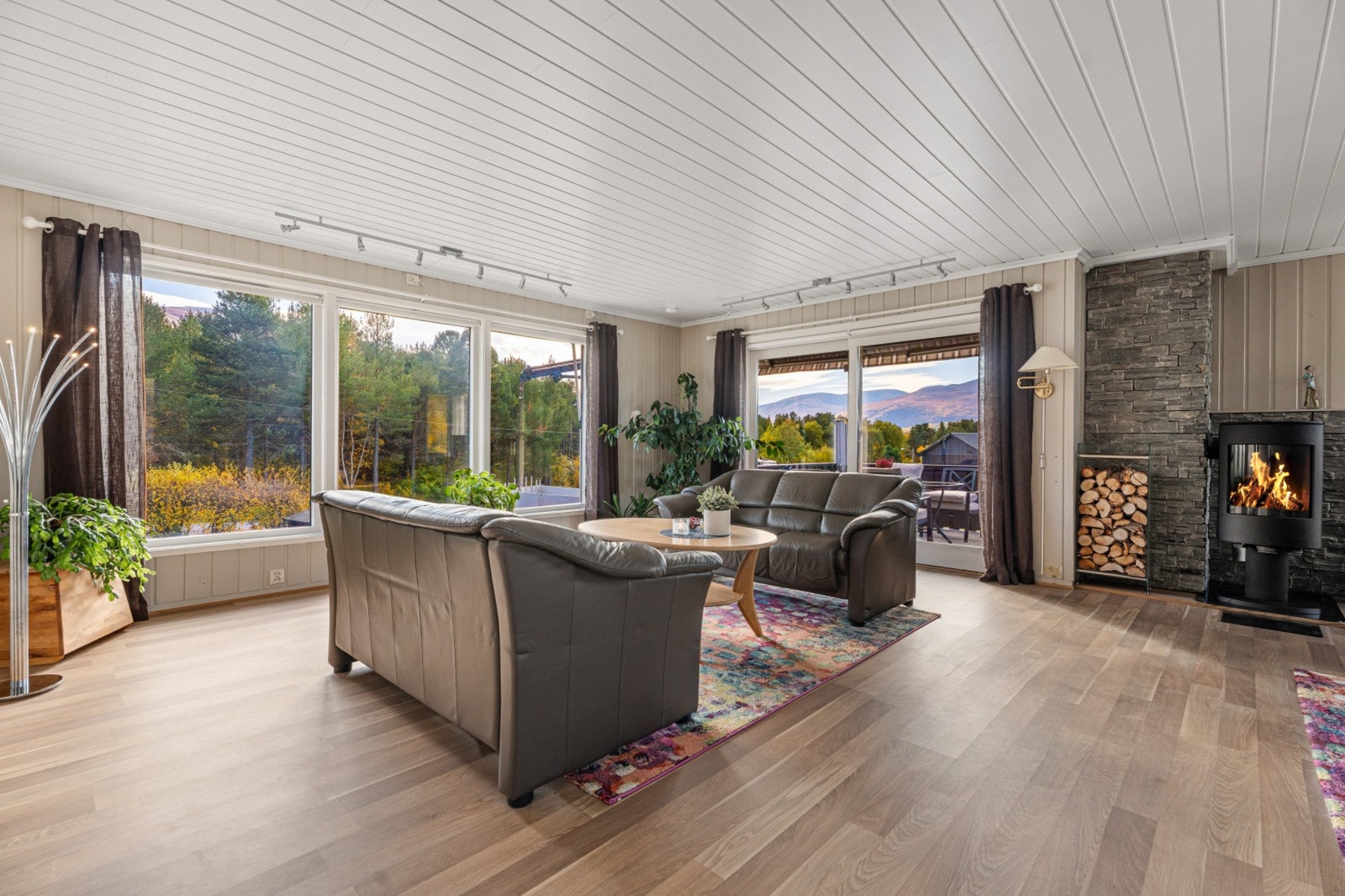 Romslig stue med store vindusflater. Vedovn. Pipe med elektrisk røyksuger. Galleribilde