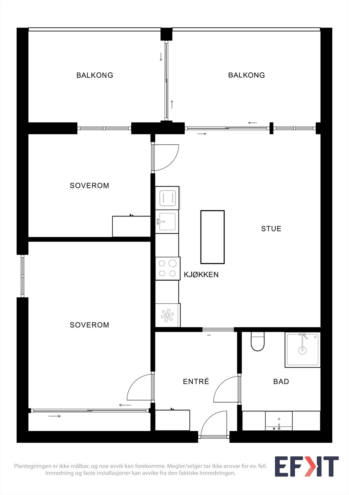 Plantegningen viser en arealeffektiv leilighet på 59 m² med to soverom og to balkonger. Galleribilde