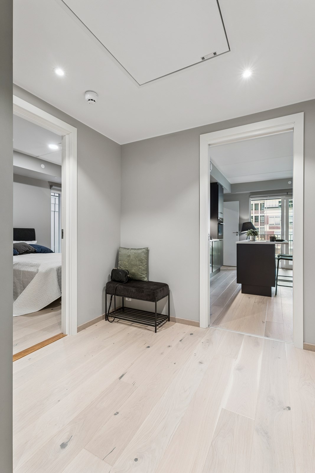 Fra entreen er det parkett på gulv og tilgang til leilighetens øvrige rom. Galleribilde