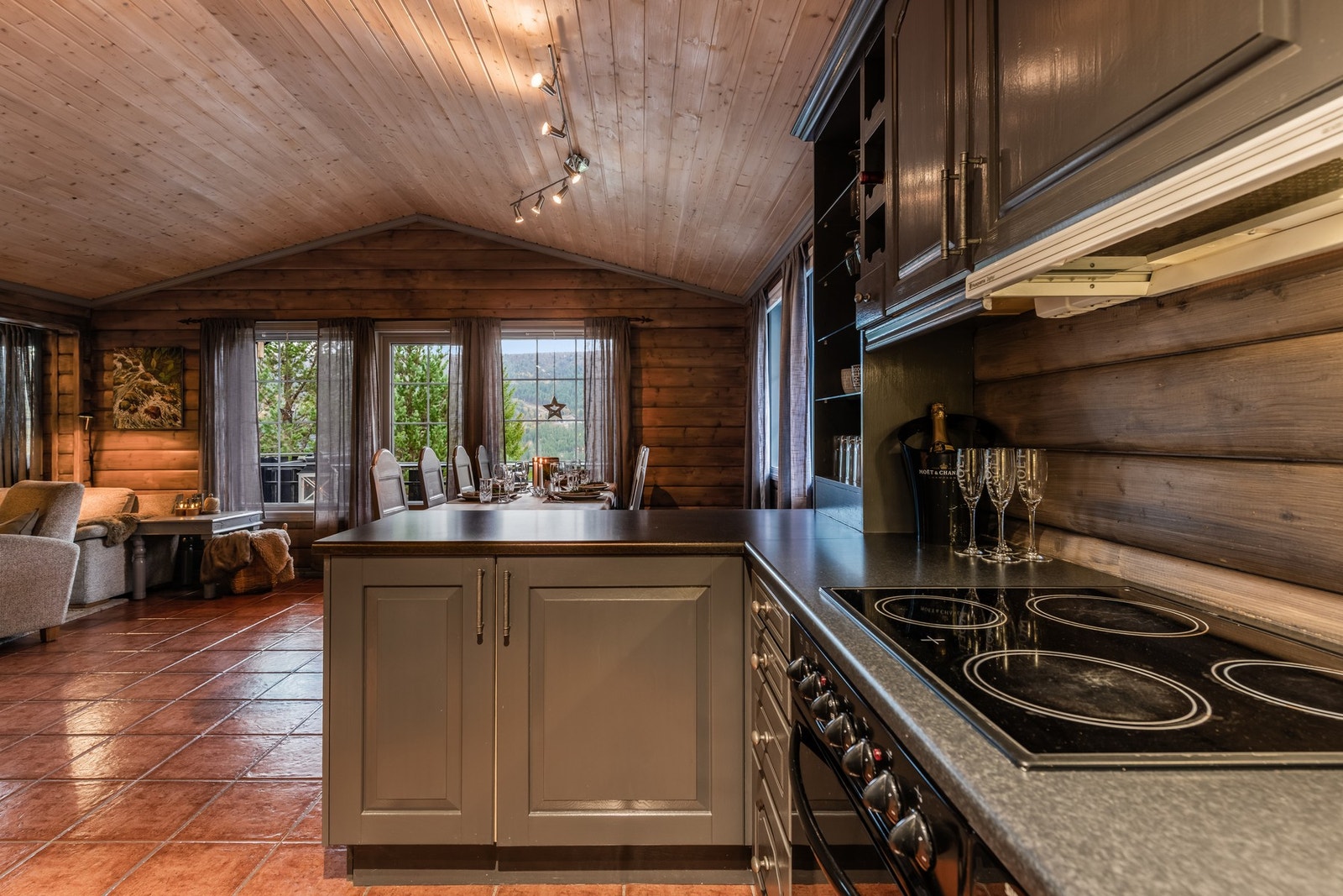 Kjøkkenet har integrerte hvitevarer med oppvaskmaskin, komfyr og platetopp, kjøleskap og fryser er frittstående Galleribilde