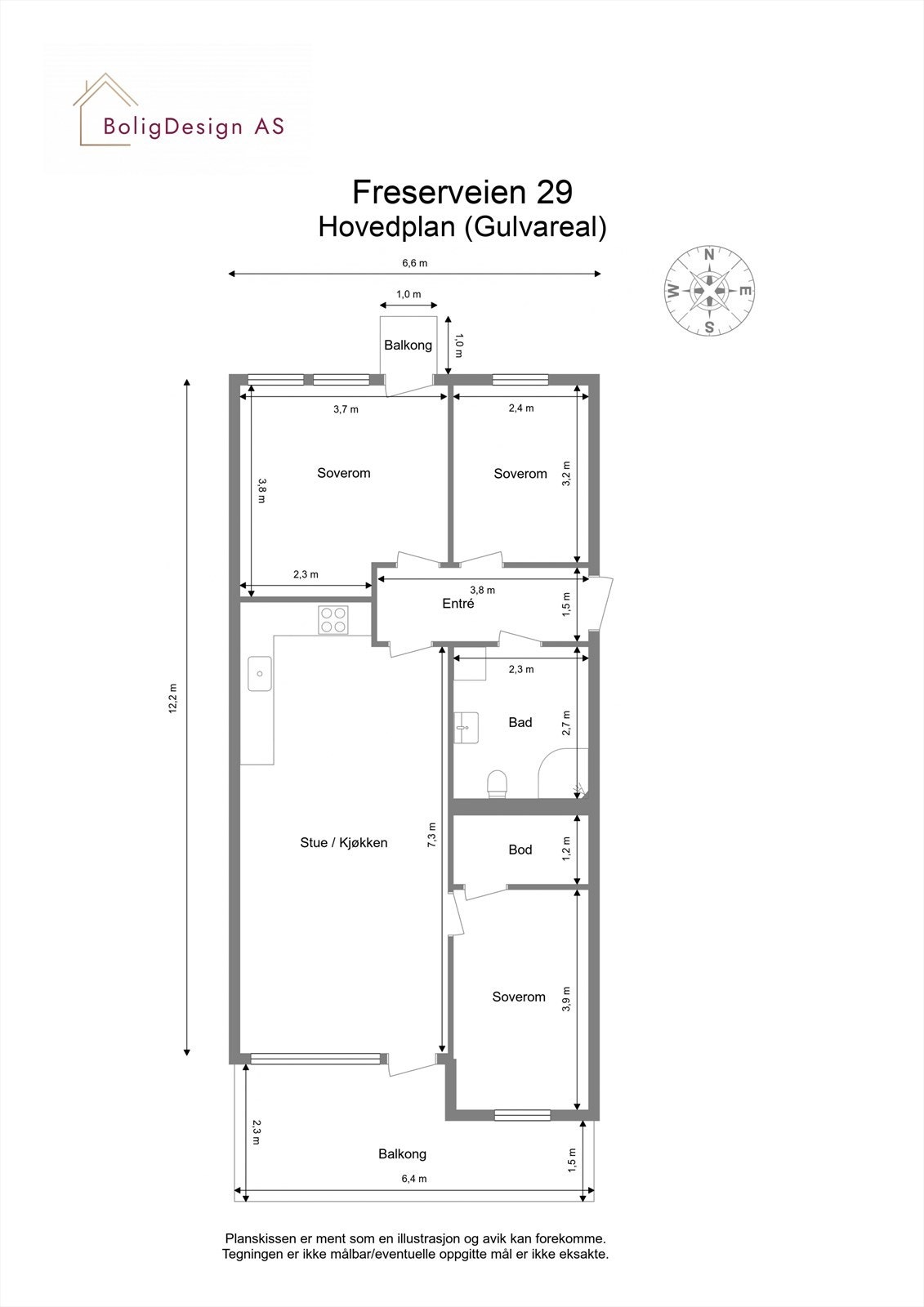 Leiligheten er på 77 m² og ligger i byggets 2. etasje (fremstår som 4. etasje fra bakkeplan grunnet plasseringen i terrenget) Galleribilde