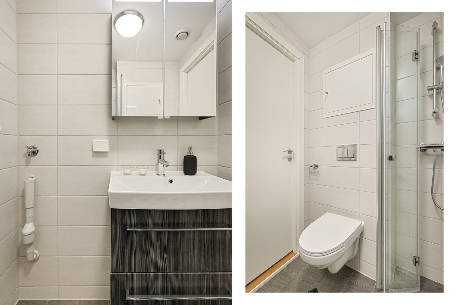 Rommet inneholder servant med møblement, vegghengt toalett, dusjhjørne og opplegg for vaskemskin Galleribilde