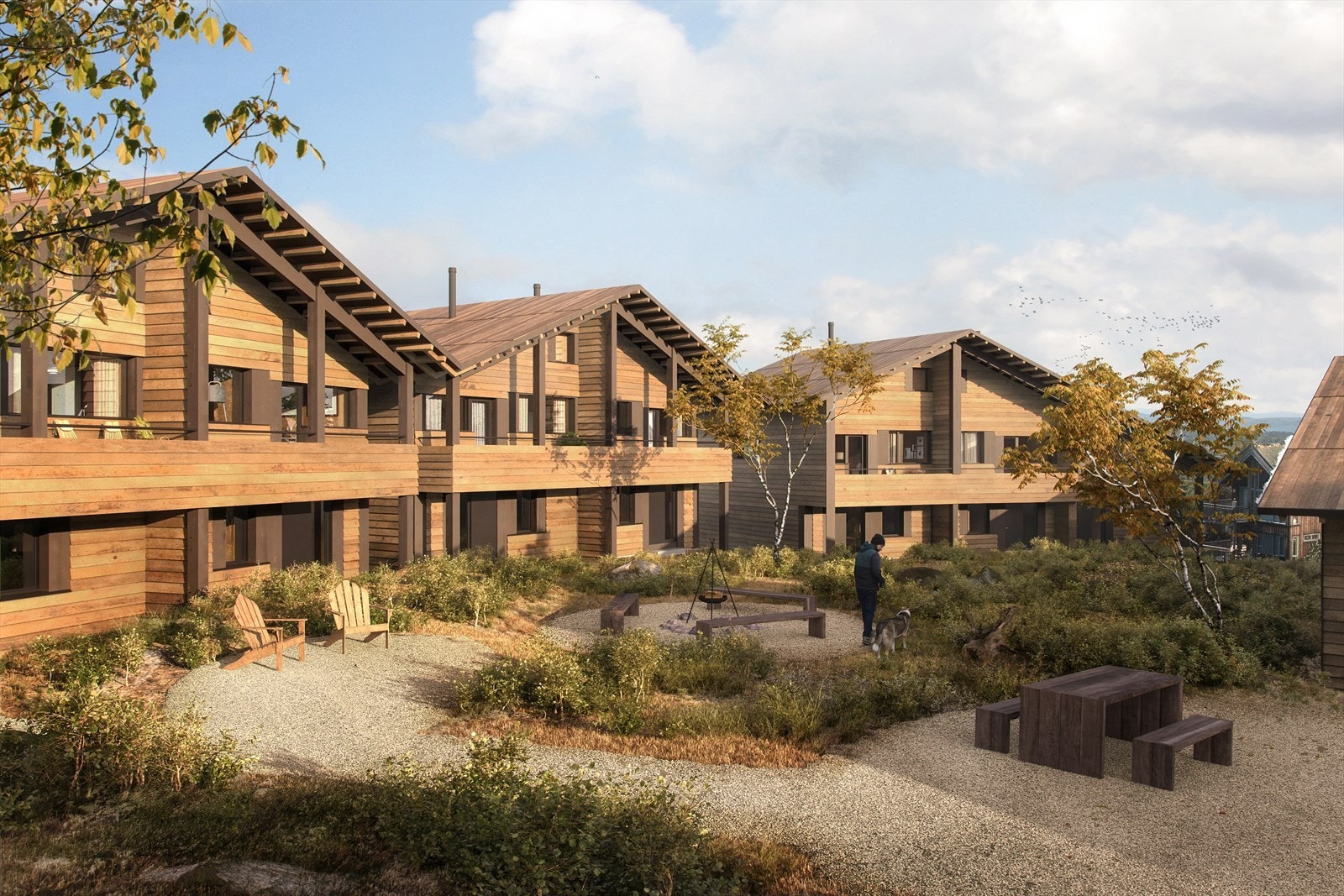 Hyttene og tunet, signert arkitekt Einar Jarmund og Co., har et tradisjonelt arkitektonisk uttrykk, gode planløsninger og fine uterom. (Illustrasjon) Galleribilde