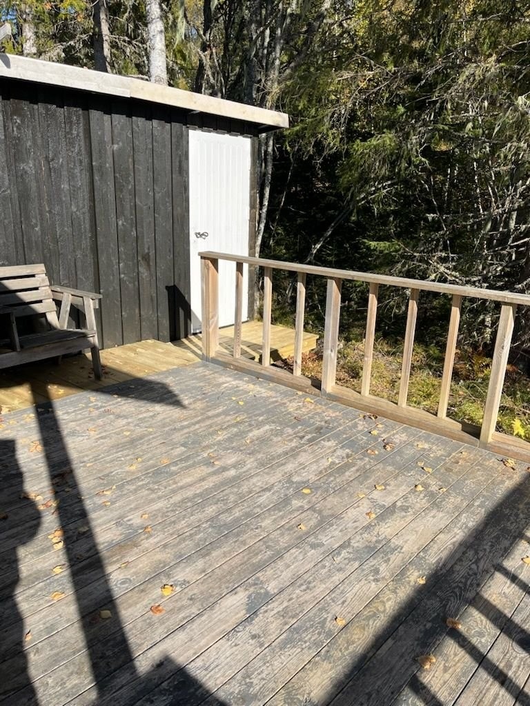 Platting på siden av hytta, dør inn til bod. Galleribilde