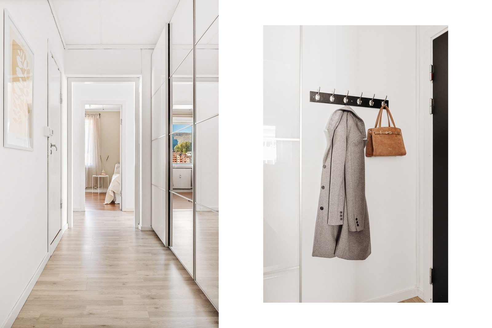 Praktisk skyvedørsgarderobe i speil med plass til yttertøy og sko. Galleribilde
