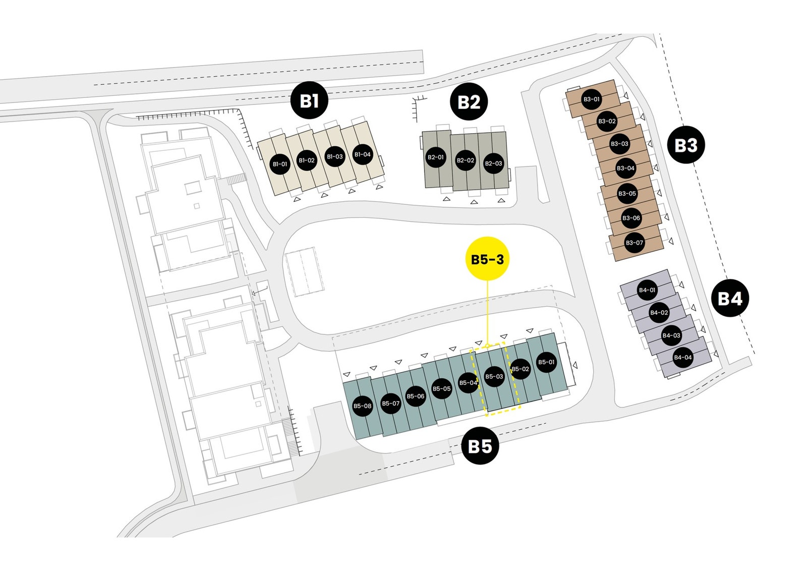 Velorganisert og familievennlig tun med rekkehus, lekeplass, grønne soner og felleshus midt i hjertet av Jåtunbakken. Galleribilde