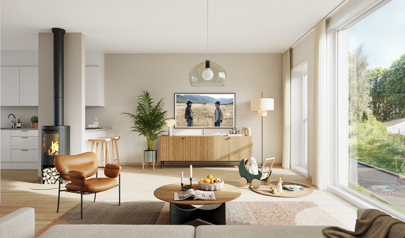 Lys og moderne stue med store vindusflater, listfrie detaljer og peisovn som skaper lun atmosfære - et perfekt samlingspunkt for familie og venner. Galleribilde