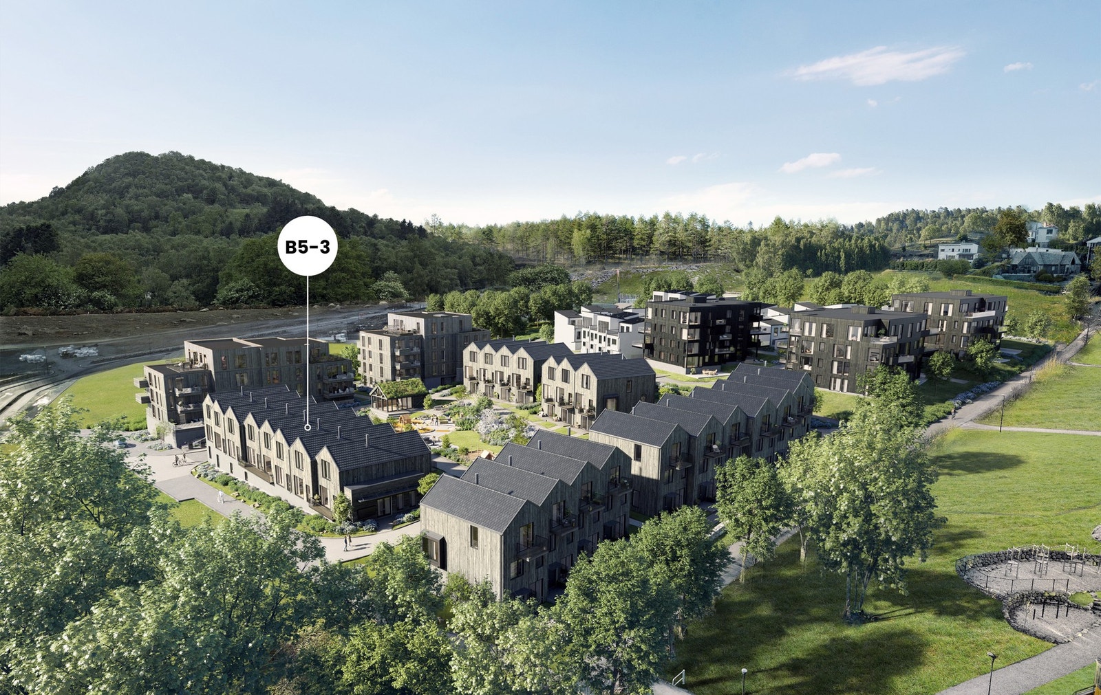 Jåtunbakken ligger luftig og solrikt til, omgitt av grøntområder og flotte felles soner - et nabolag der trivsel står i sentrum. Galleribilde