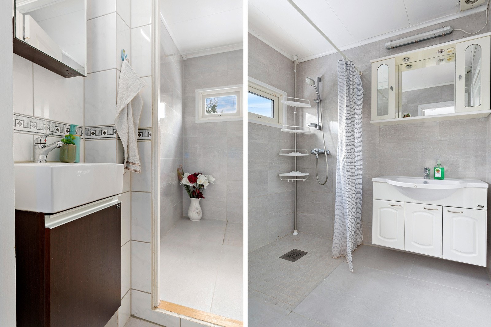 Nyere bad fra 2019 med vegghengt servant, overskap og dusjsone. Toalettrom ligger praktisk til ved siden av badet. Galleribilde