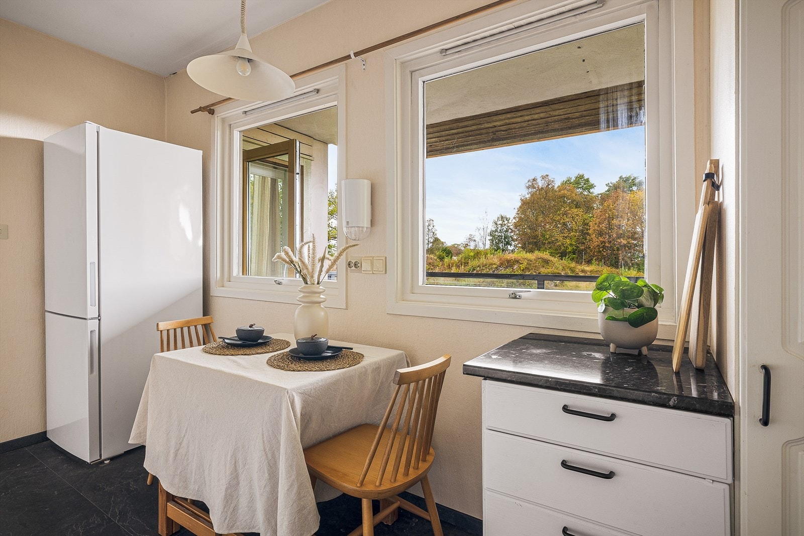 Av hvitevarer kan en skilte med kjøleskap med frys, oppvaskmaskin, og komfyr. Galleribilde