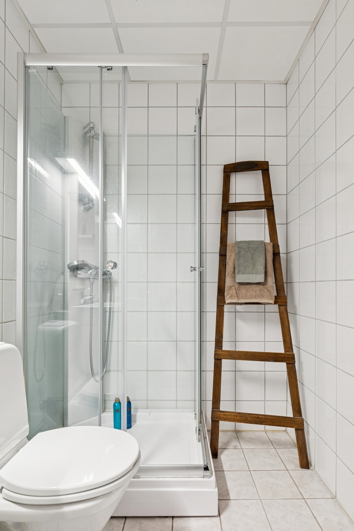 Badet er innredet med dusjkabinett og har gulvmontert toalett. Galleribilde