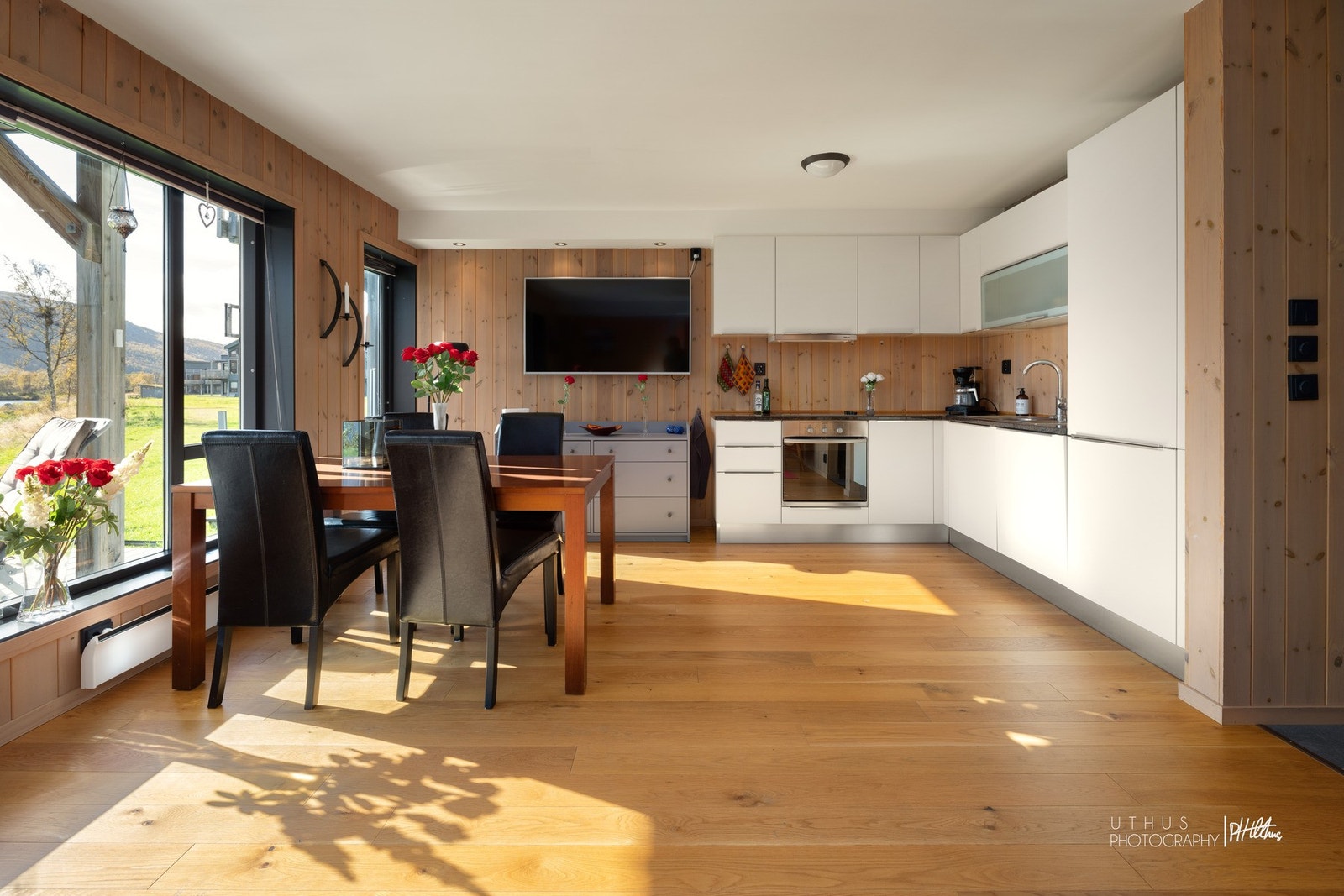 De store vindusflatene slipper inn godt med naturlig lys som gir leiligheten en behagelig atmosfære Galleribilde