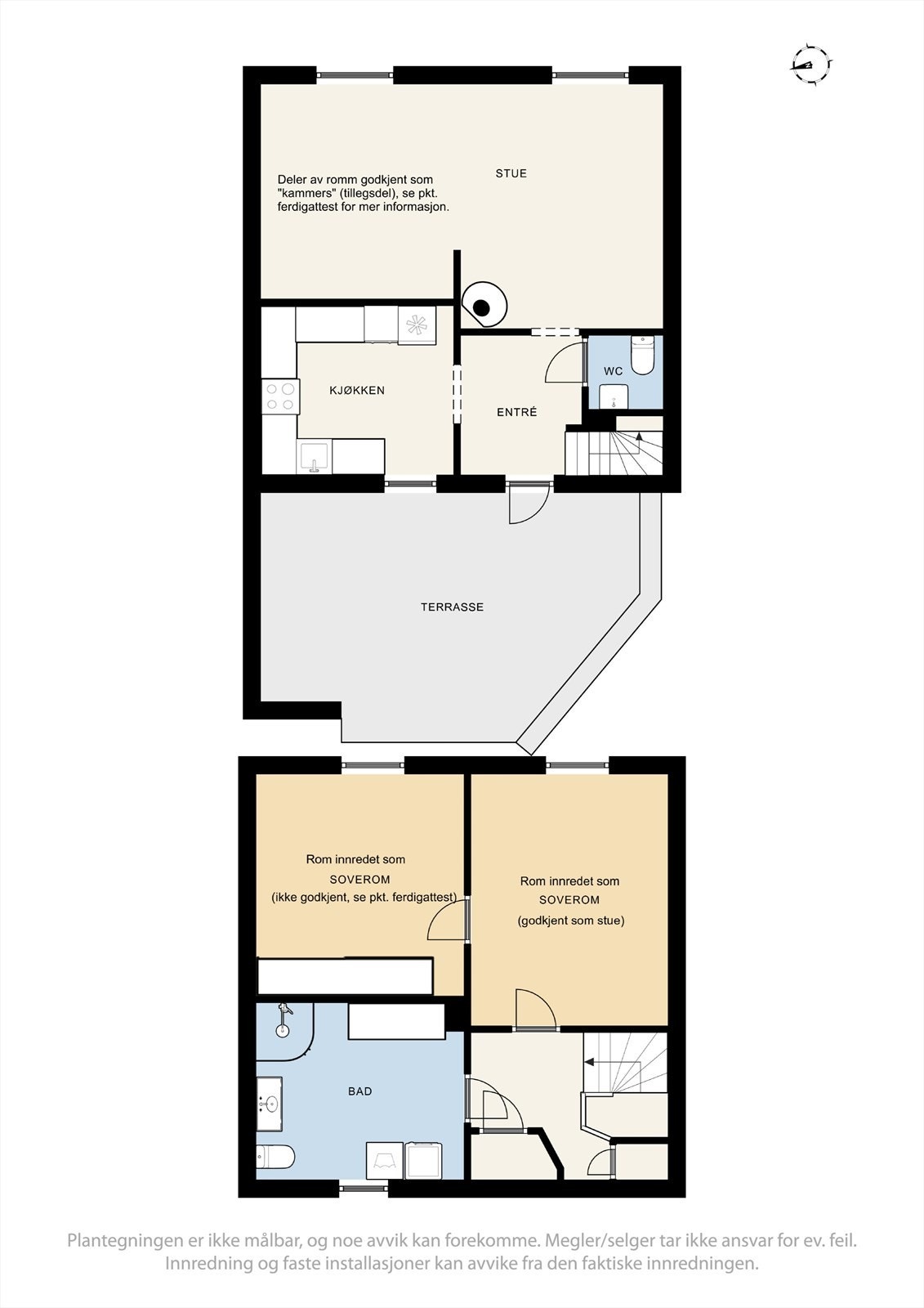 Plantegning. Det gjøres oppmerksom på at boligen er omgjort fra godkjente tegninger. Se pkt. ferdigattest for nærmere informasjon. Galleribilde
